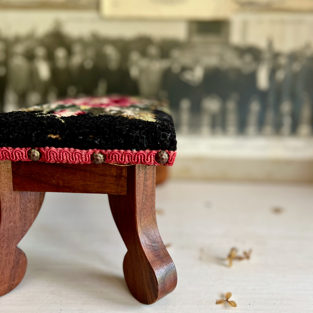 Floral Hook Rug Covered Footstool