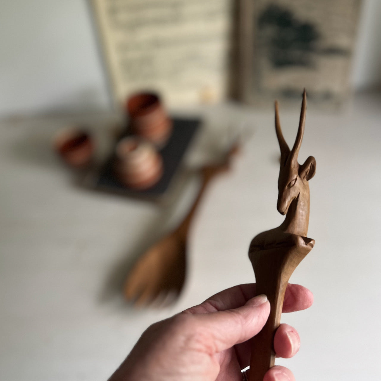 Vintage Hand Carved Antelope Salad Servers