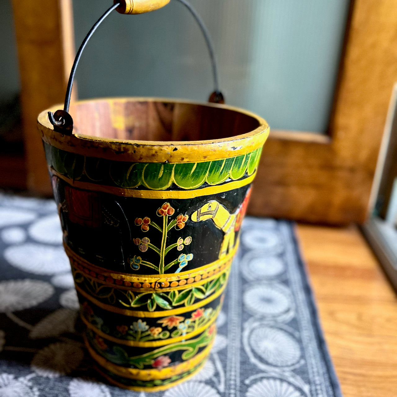 Folk Art Painted Wooden Bucket with Camel and Floral Motif