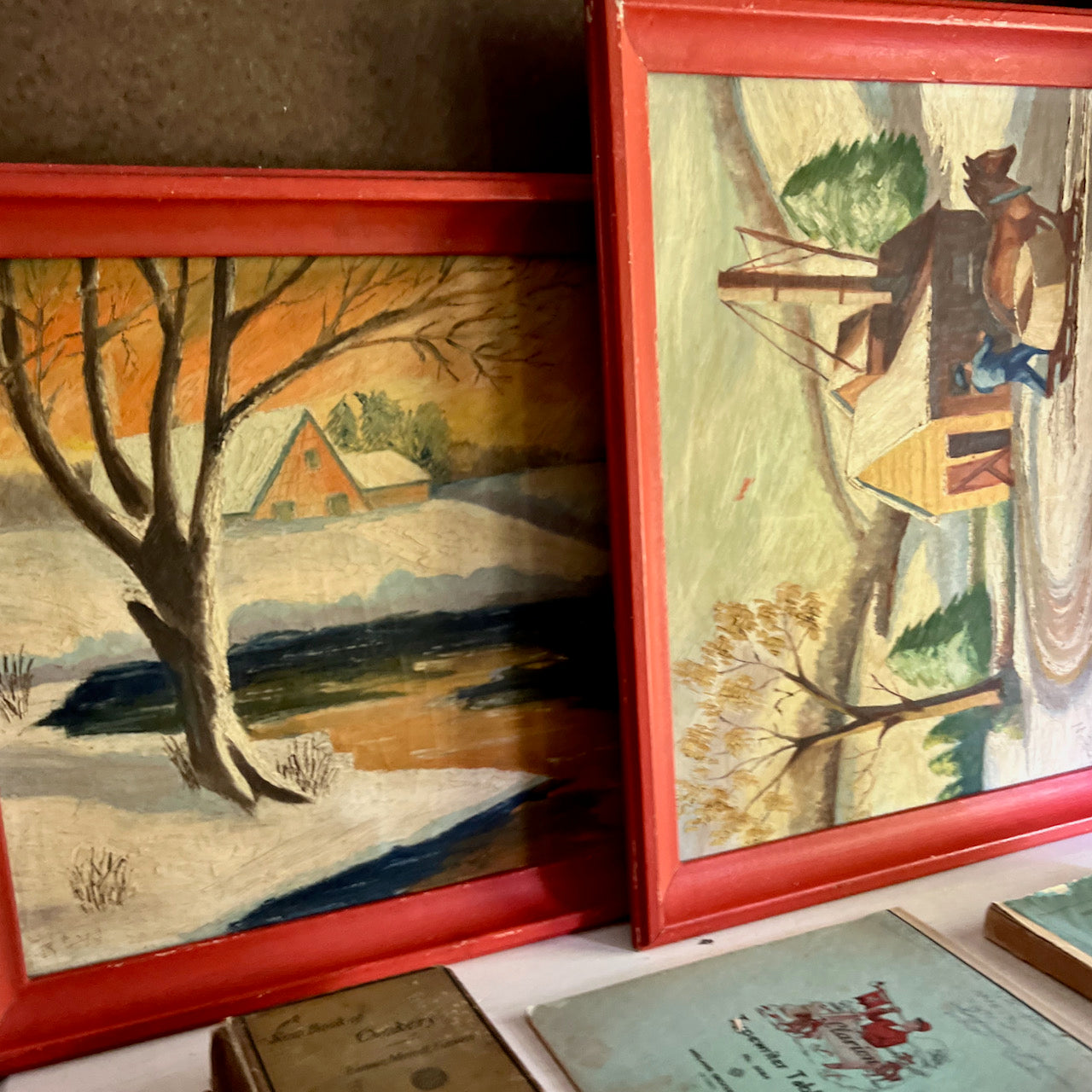 Rustic Winter Landscape Painting with Red Frame (c.1958)