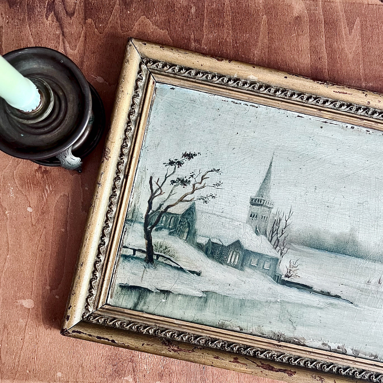 Rural Themed Antique Painting of Winter Landscape with Church