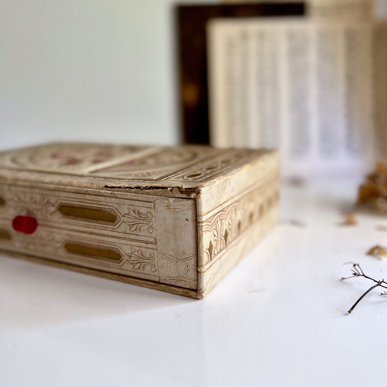 Embellished Cardboard Storage Box with Bakelite Drawer Pull