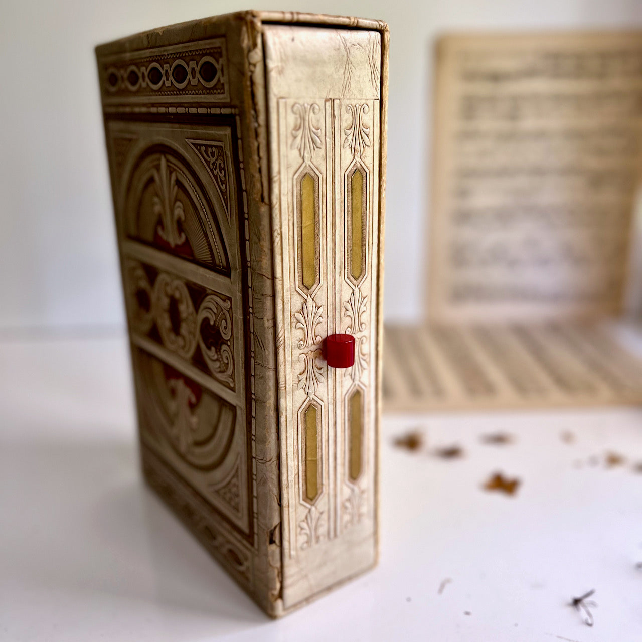 Embellished Cardboard Storage Box with Bakelite Drawer Pull