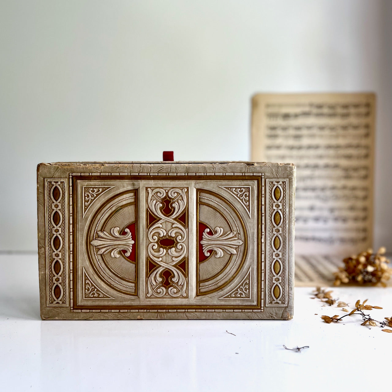 Embellished Cardboard Storage Box with Bakelite Drawer Pull