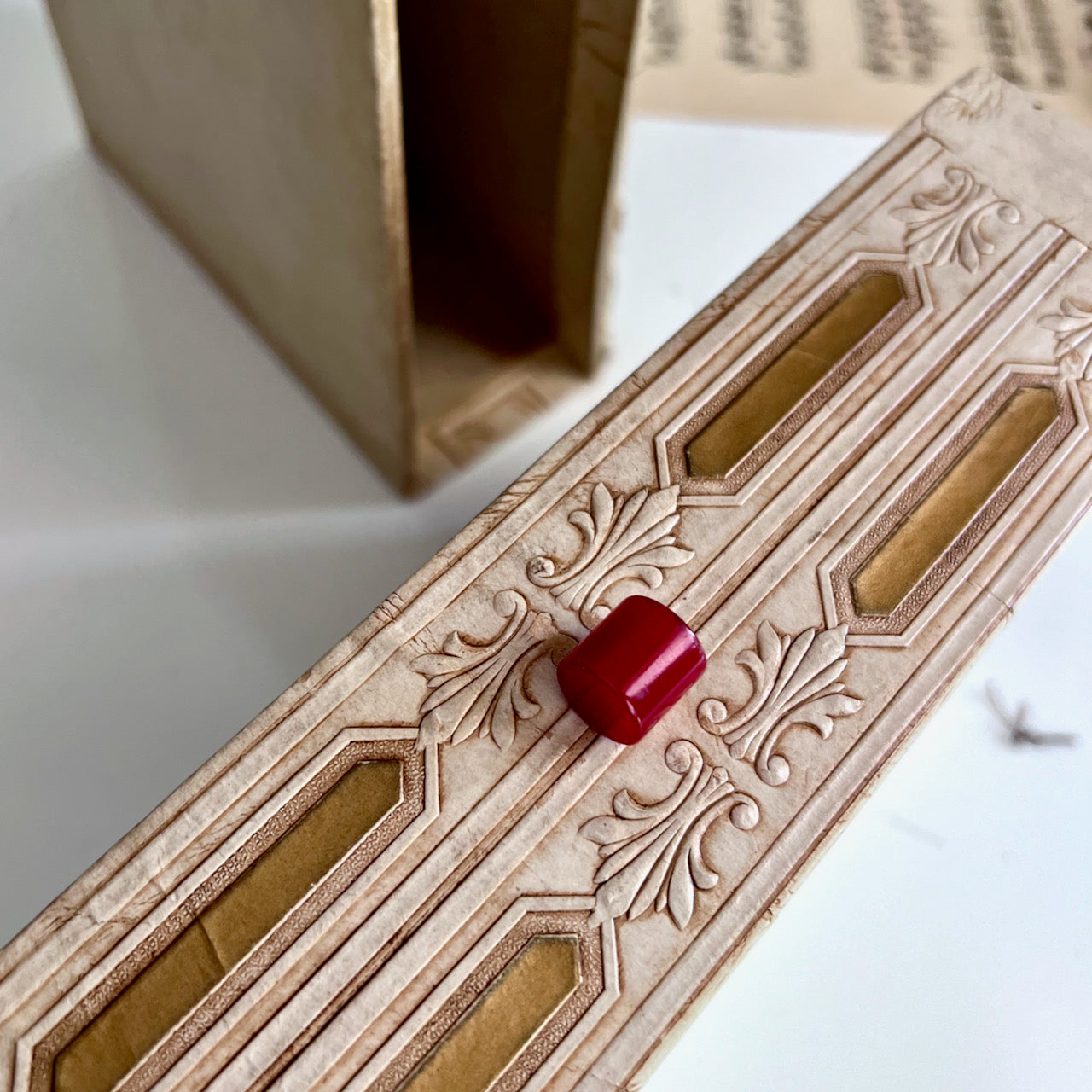 Embellished Cardboard Storage Box with Bakelite Drawer Pull