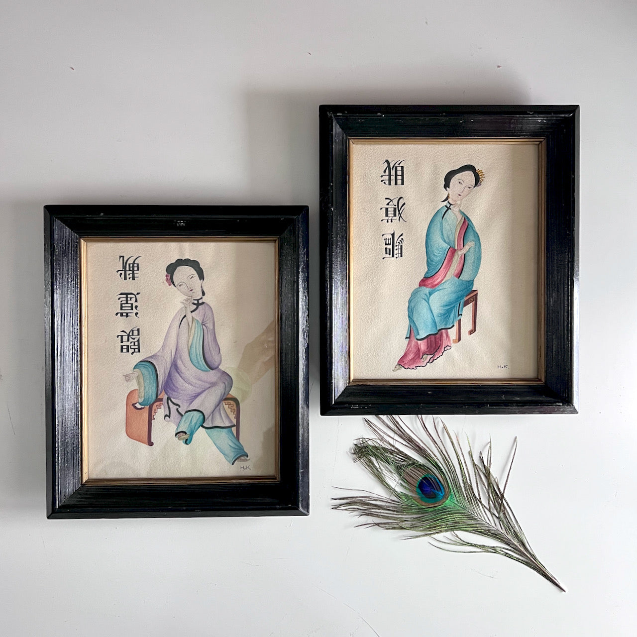 Pair of Early Asian Women Watercolor Paintings