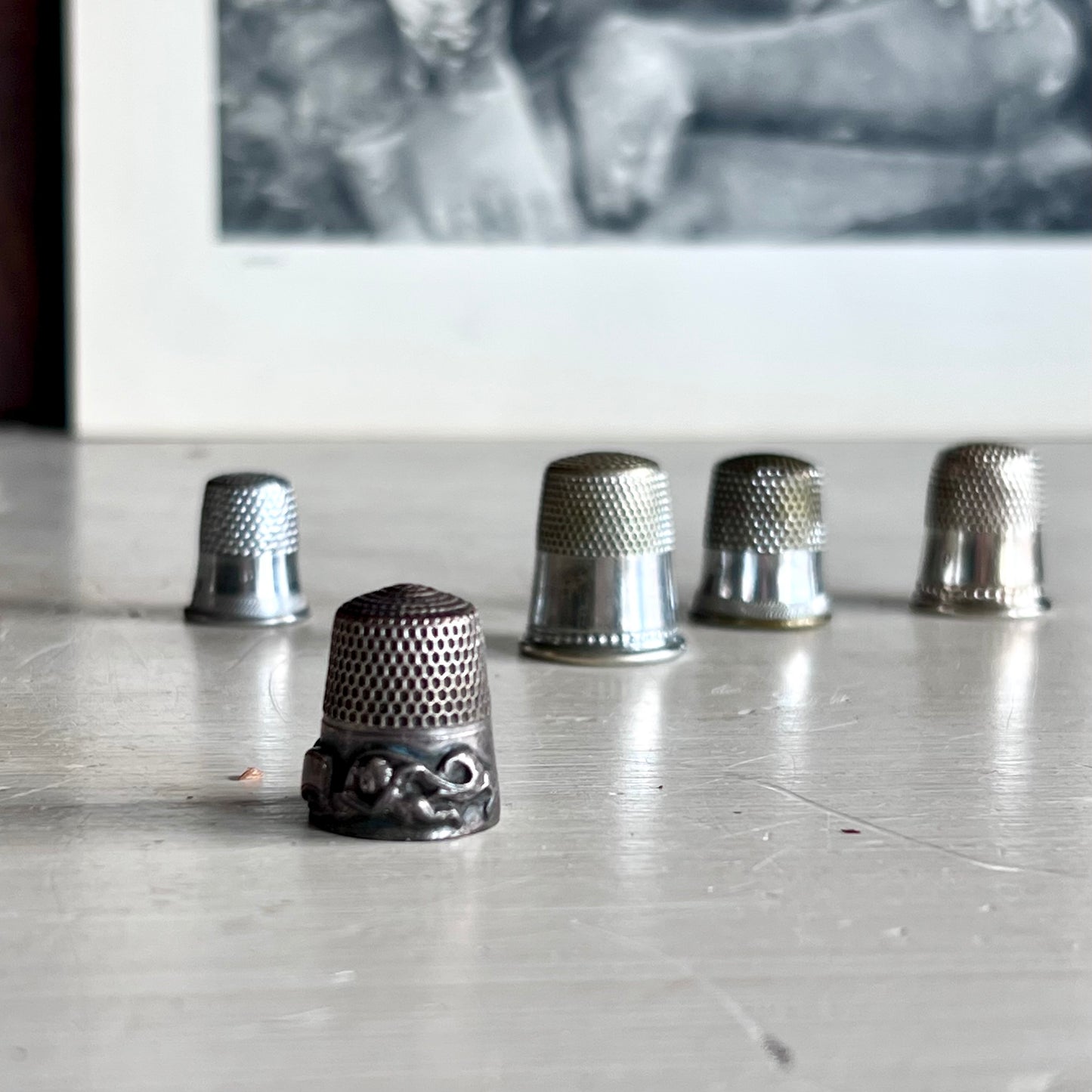 Five Vintage Silver Sewing Thimbles