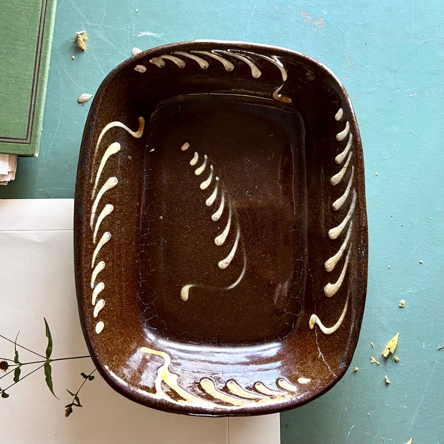 19th Century Redware Slip Glaze Decorated Baking Dish