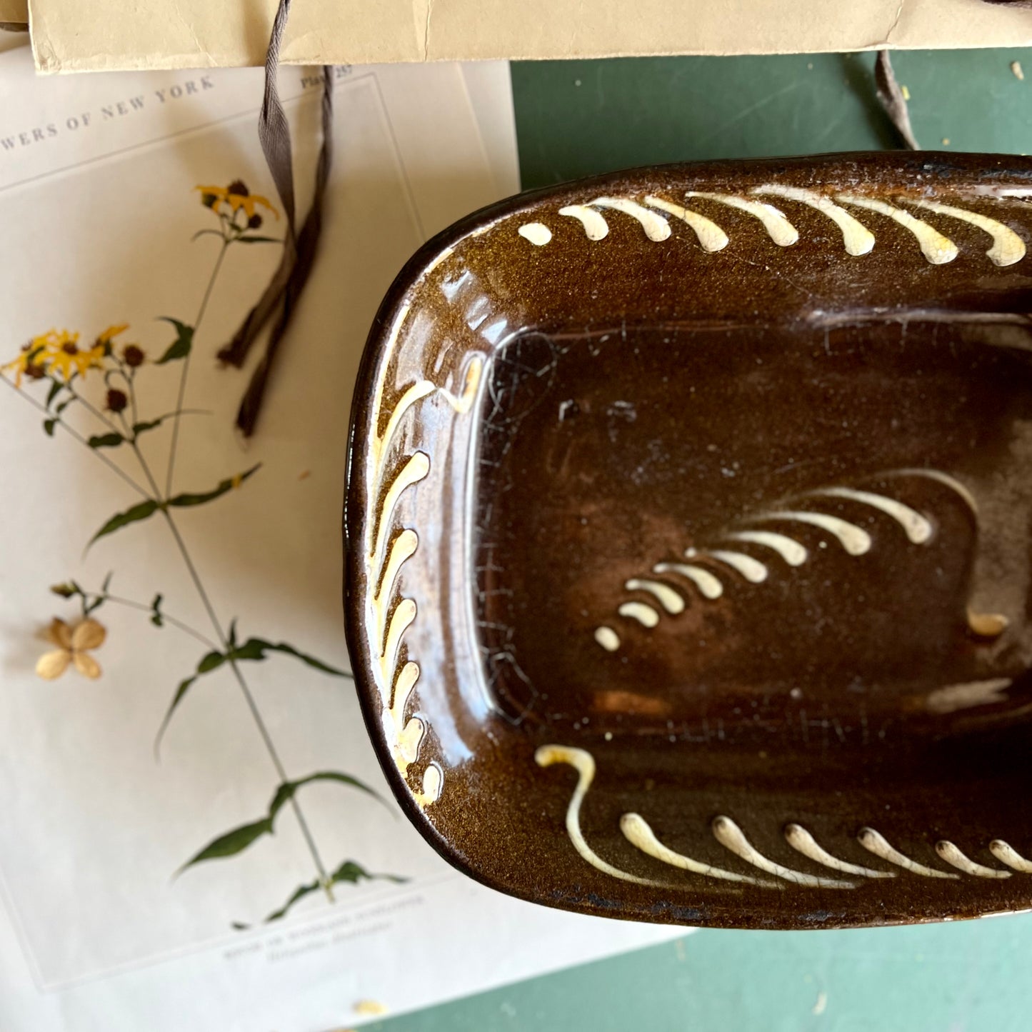 19th Century Redware Slip Glaze Decorated Baking Dish