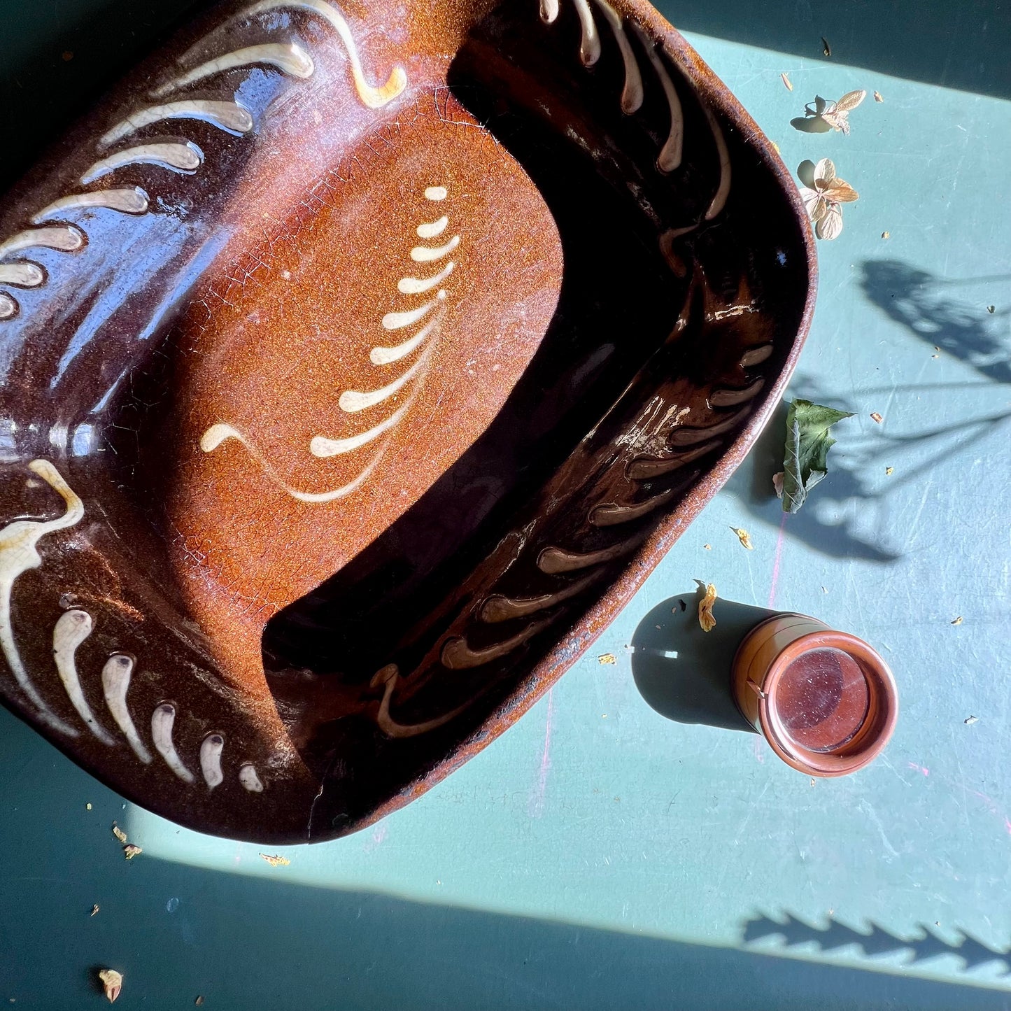 19th Century Redware Slip Glaze Decorated Baking Dish