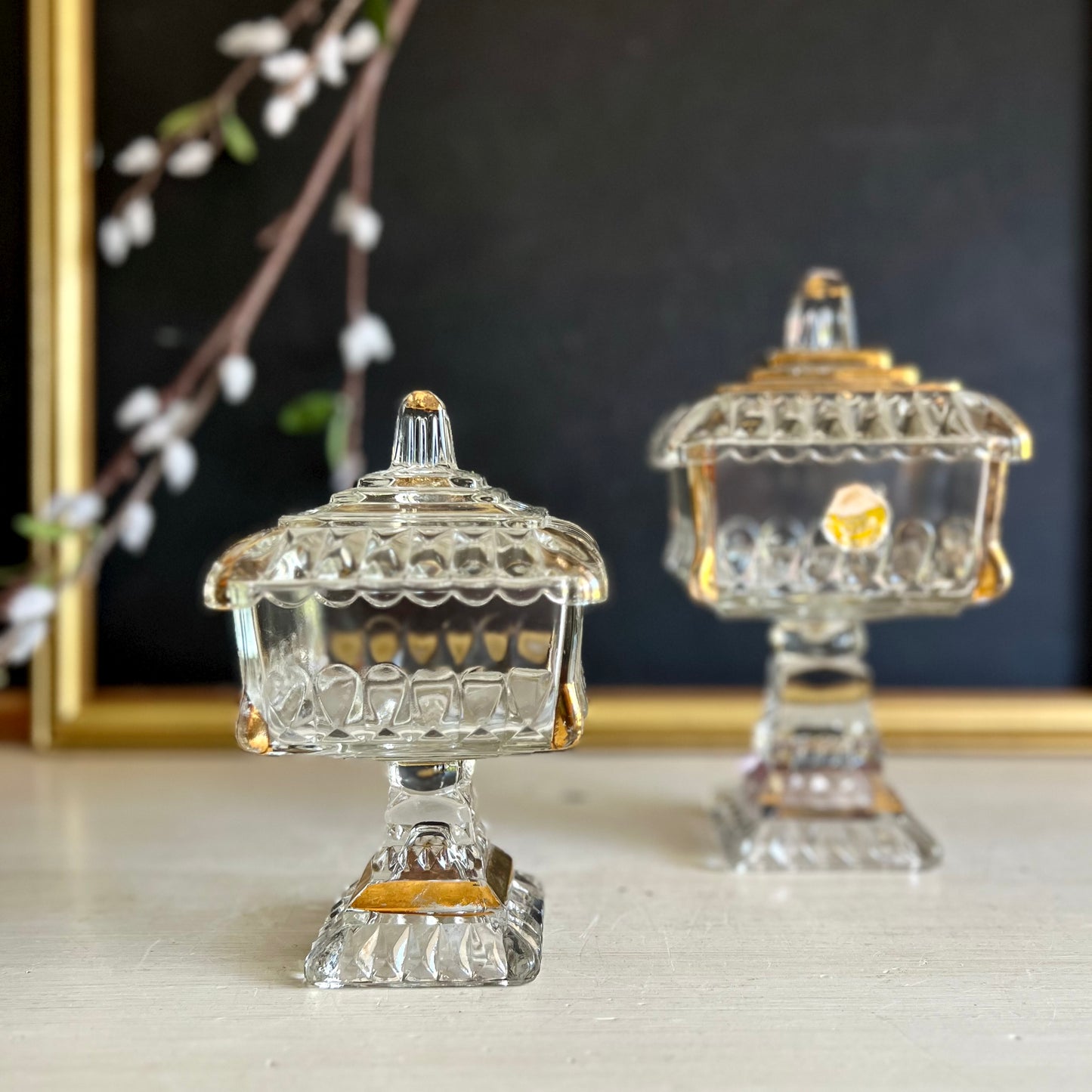 Mid Century Jeanette Clear Glass Wedding Cake Boxes Gold Decoration