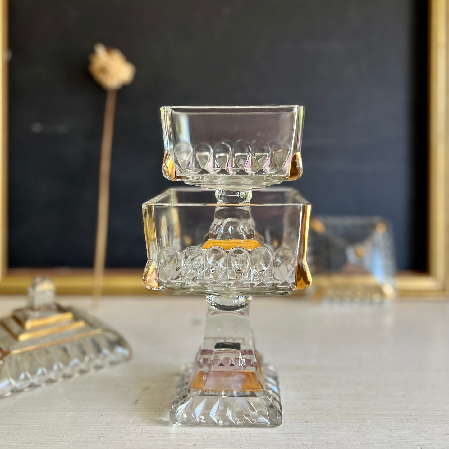 Mid Century Jeanette Clear Glass Wedding Cake Boxes Gold Decoration