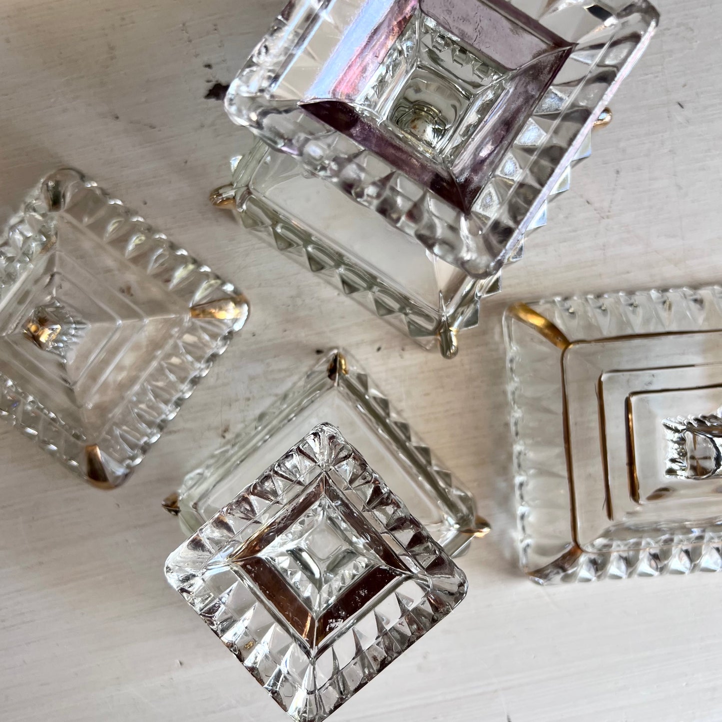 Mid Century Jeanette Clear Glass Wedding Cake Boxes Gold Decoration
