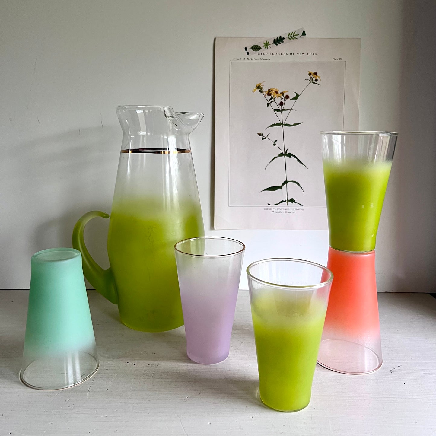 1960s Mid Century Blendo Frosted Pitcher and Glasses Set