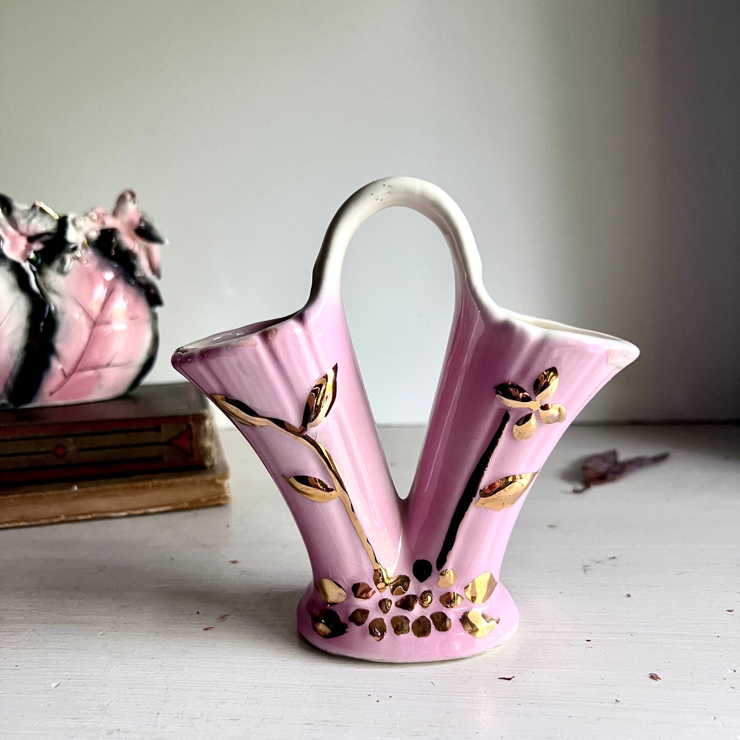 Two Old Unmatched Pink Ceramic Decorative Vases