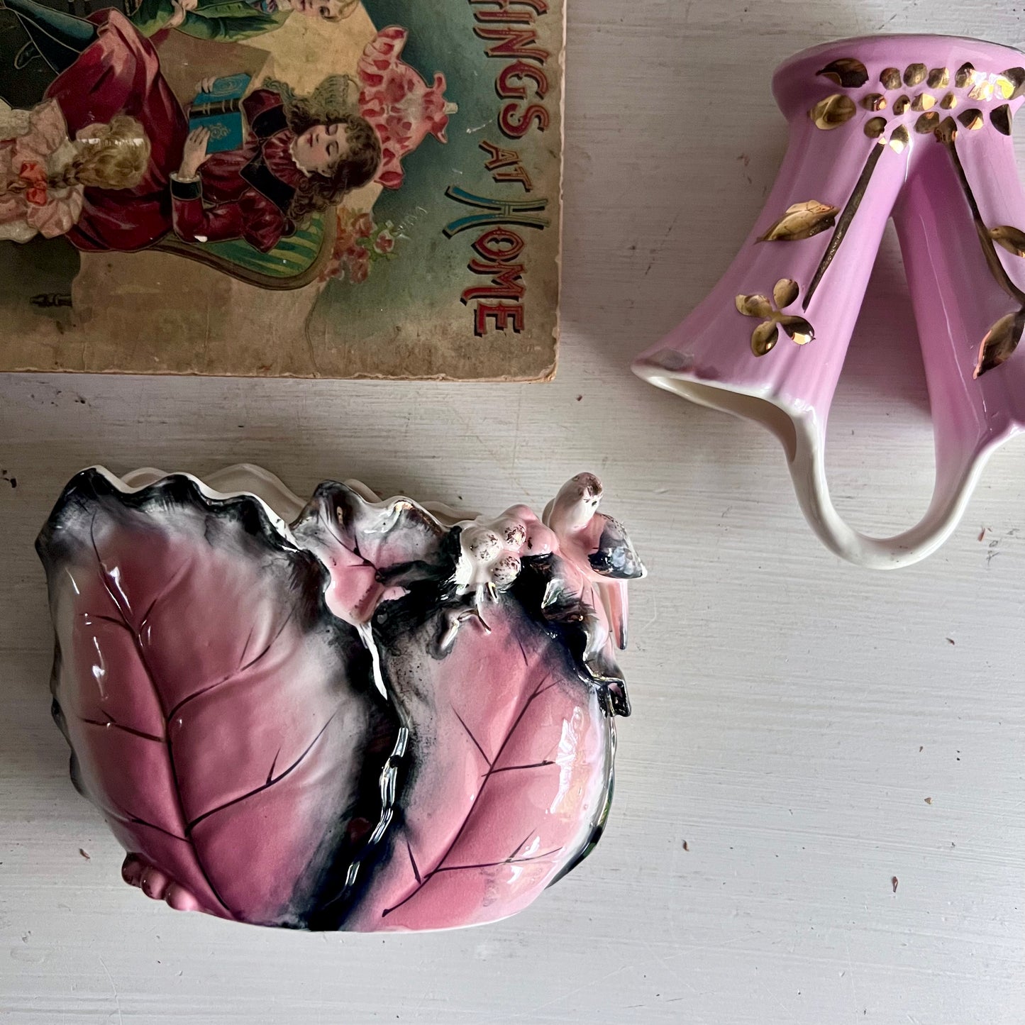 Two Old Unmatched Pink Ceramic Decorative Vases