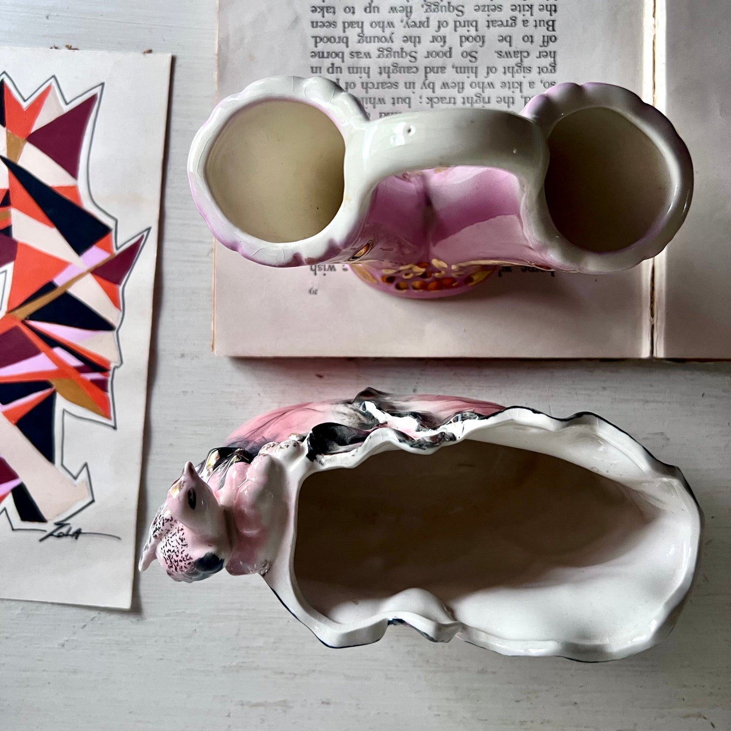 Two Old Unmatched Pink Ceramic Decorative Vases