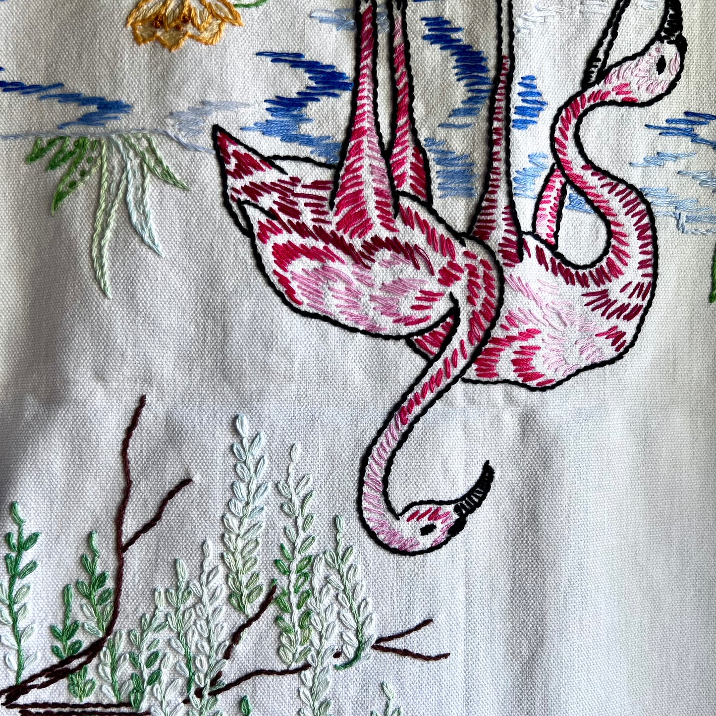 Hand Embroidered Flamingo Table Runner