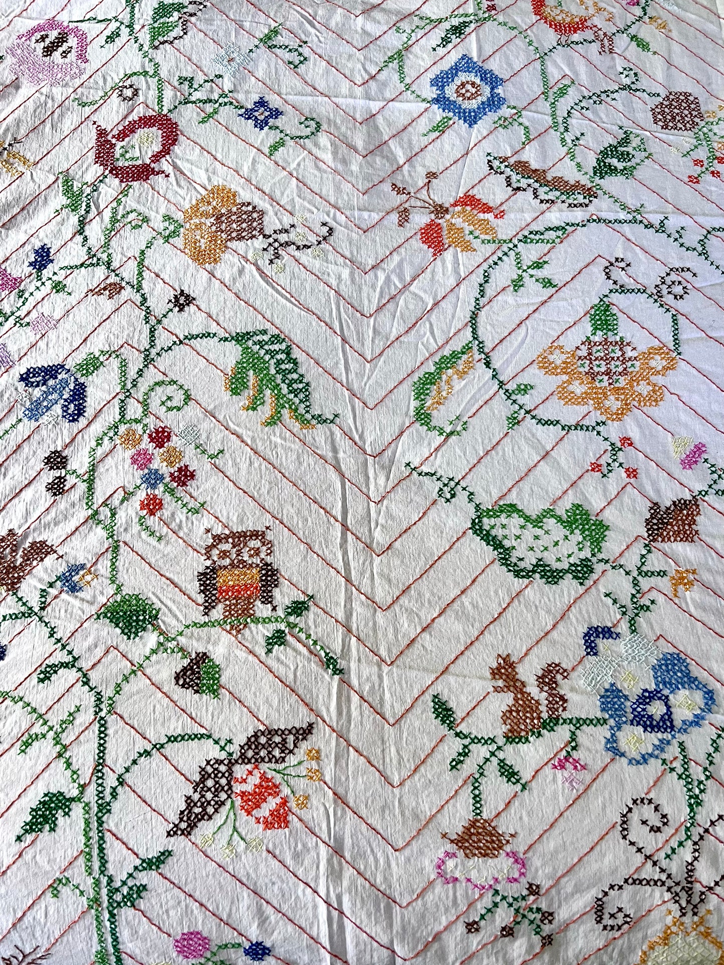 1940s Hand Embroidered Soft Cotton Coverlet