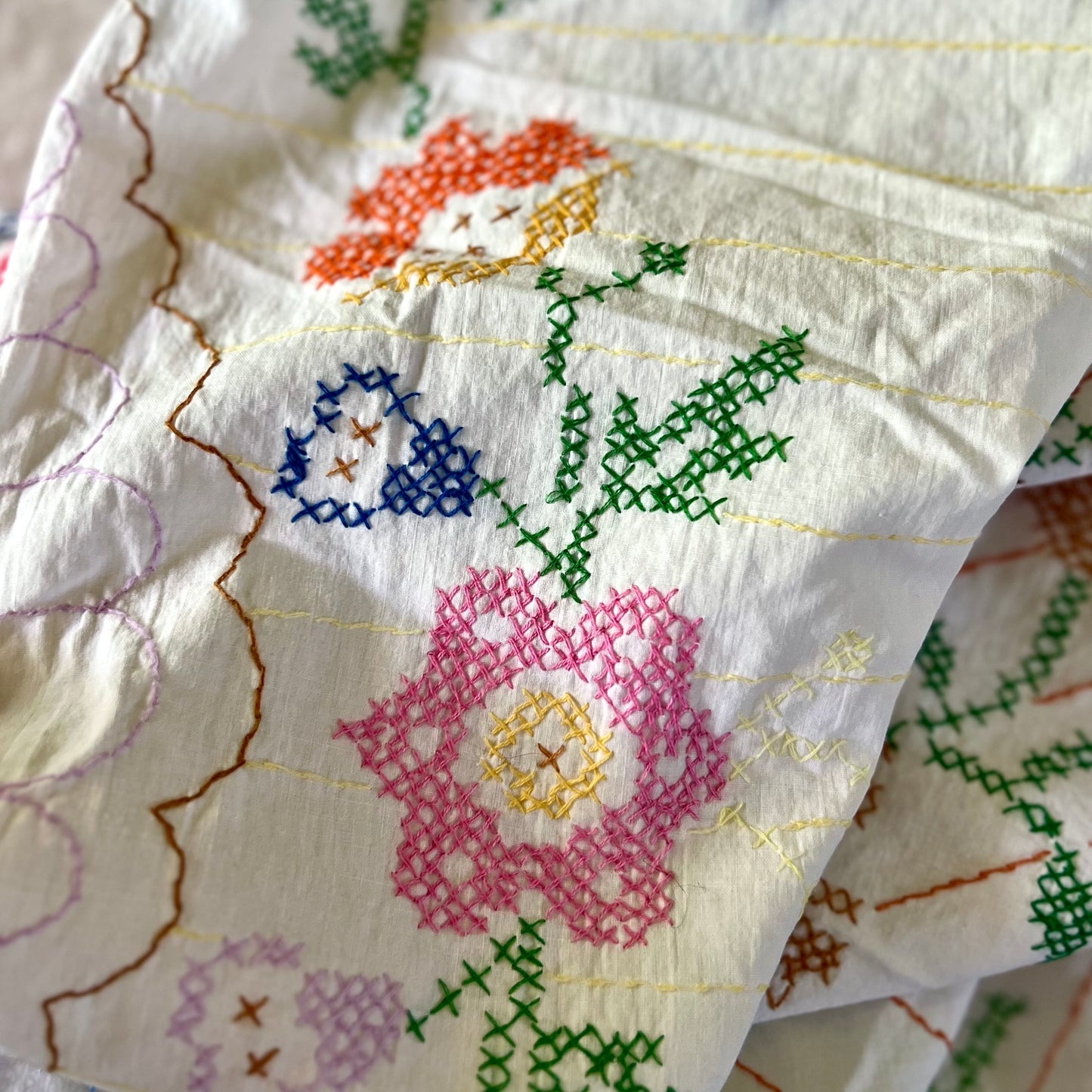 1940s Hand Embroidered Soft Cotton Coverlet