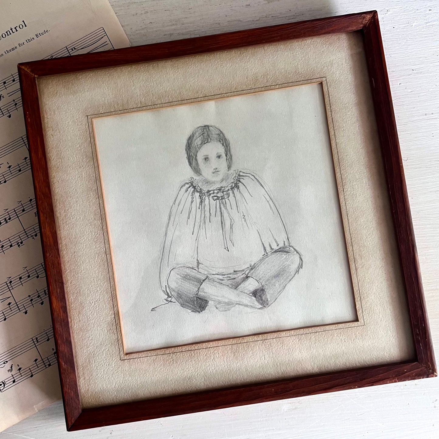 Vintage Graphite Figural Drawing of Young Girl