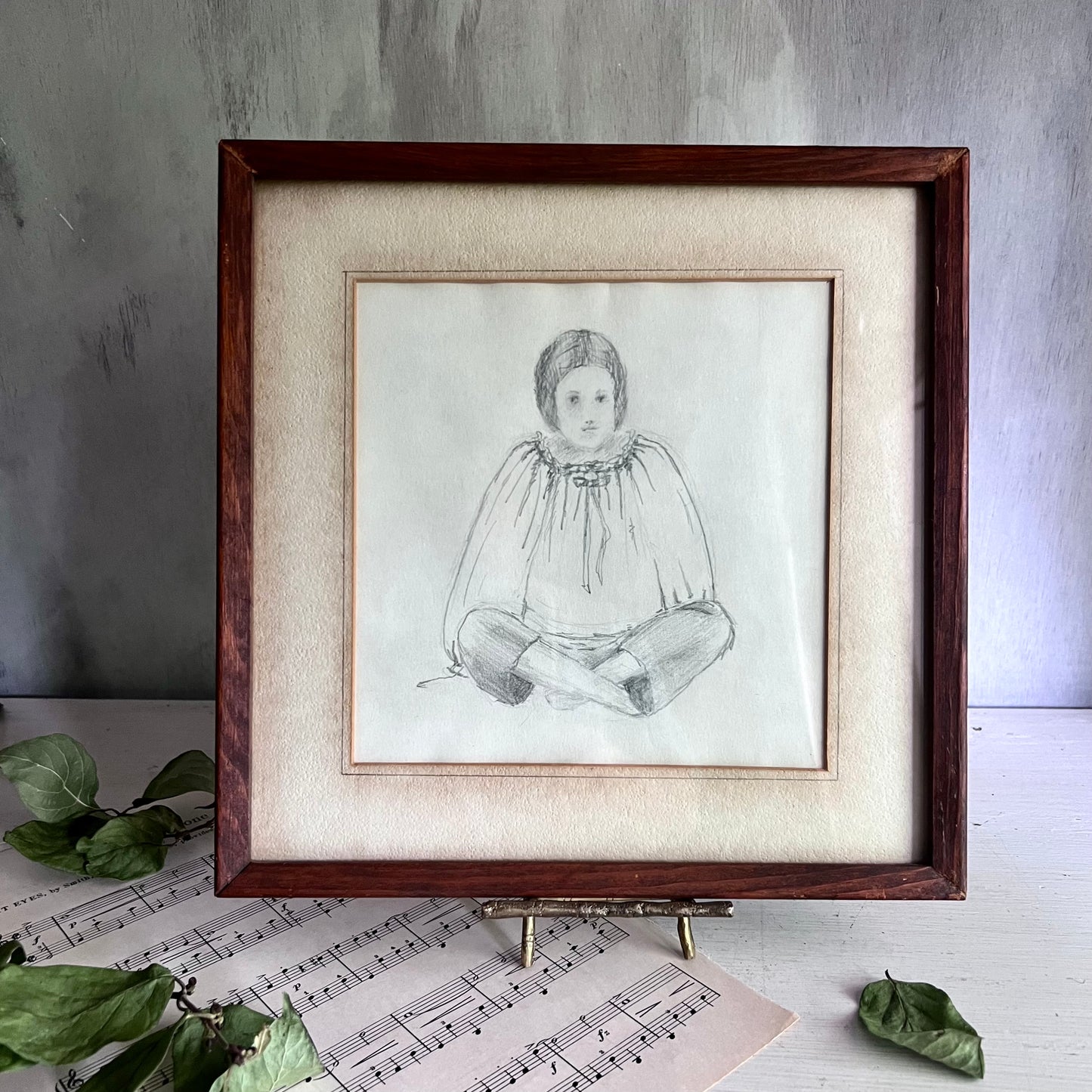 Vintage Graphite Figural Drawing of Young Girl