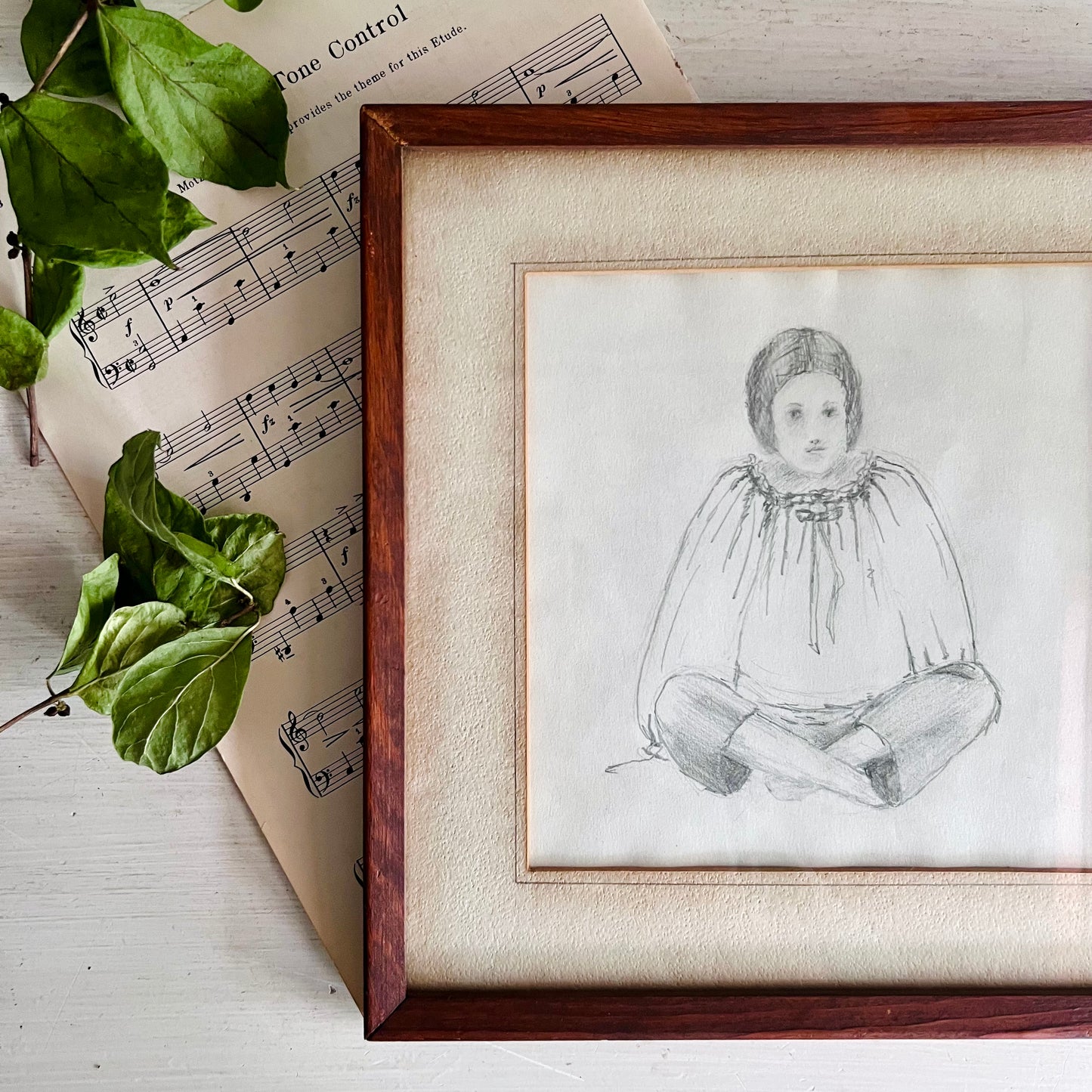 Vintage Graphite Figural Drawing of Young Girl