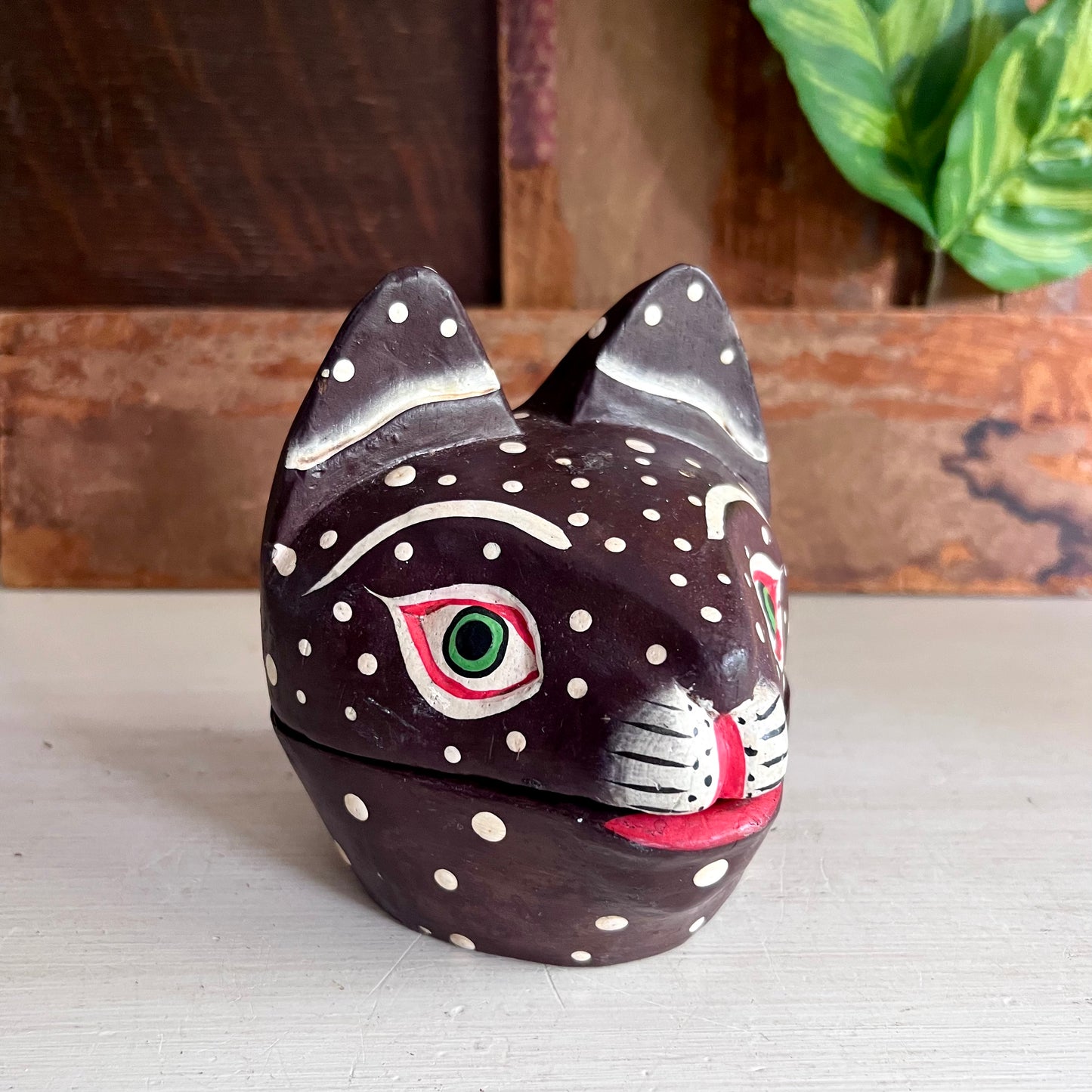 Vintage Folk Art Polka Dot Cat Head Box