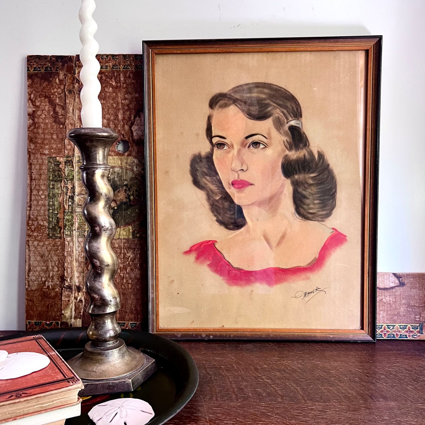 Mid Century Chalk Painting Portrait of Young Woman