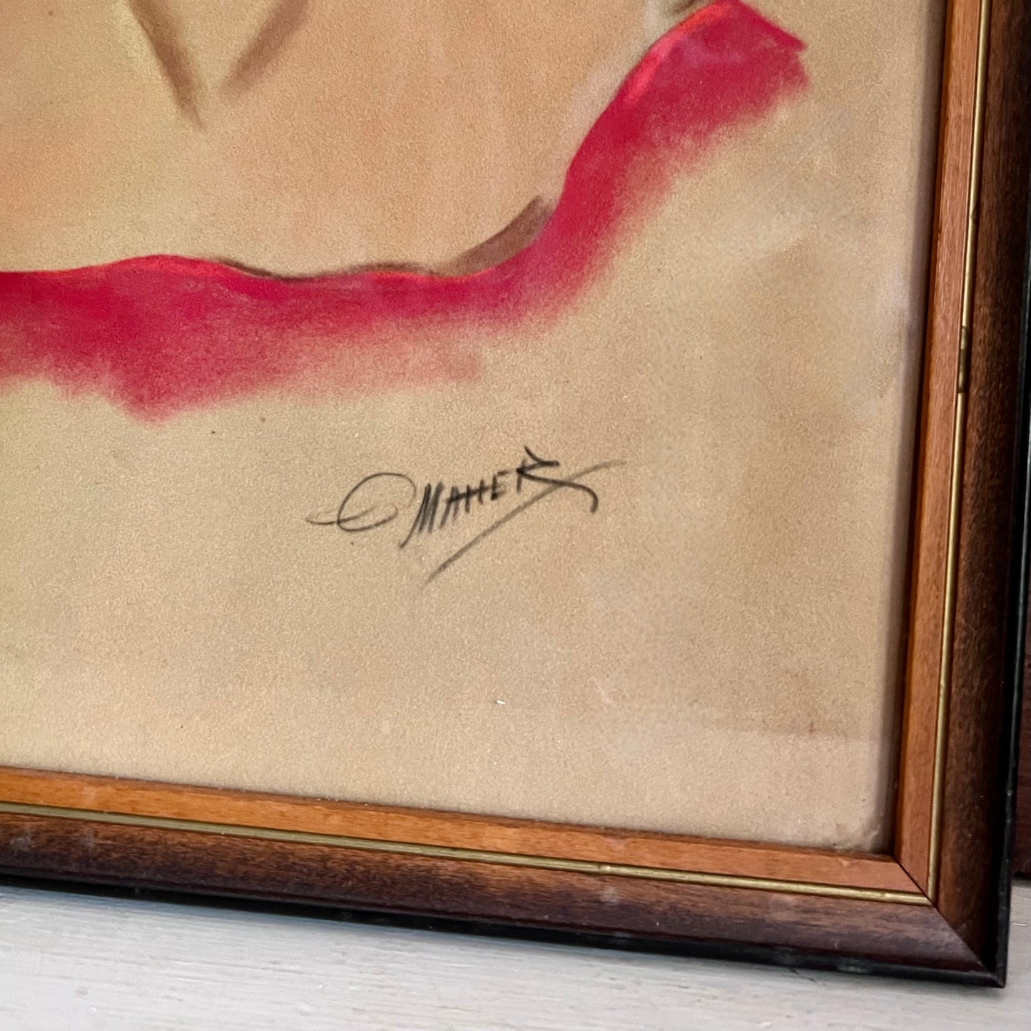 Mid Century Chalk Painting Portrait of Young Woman