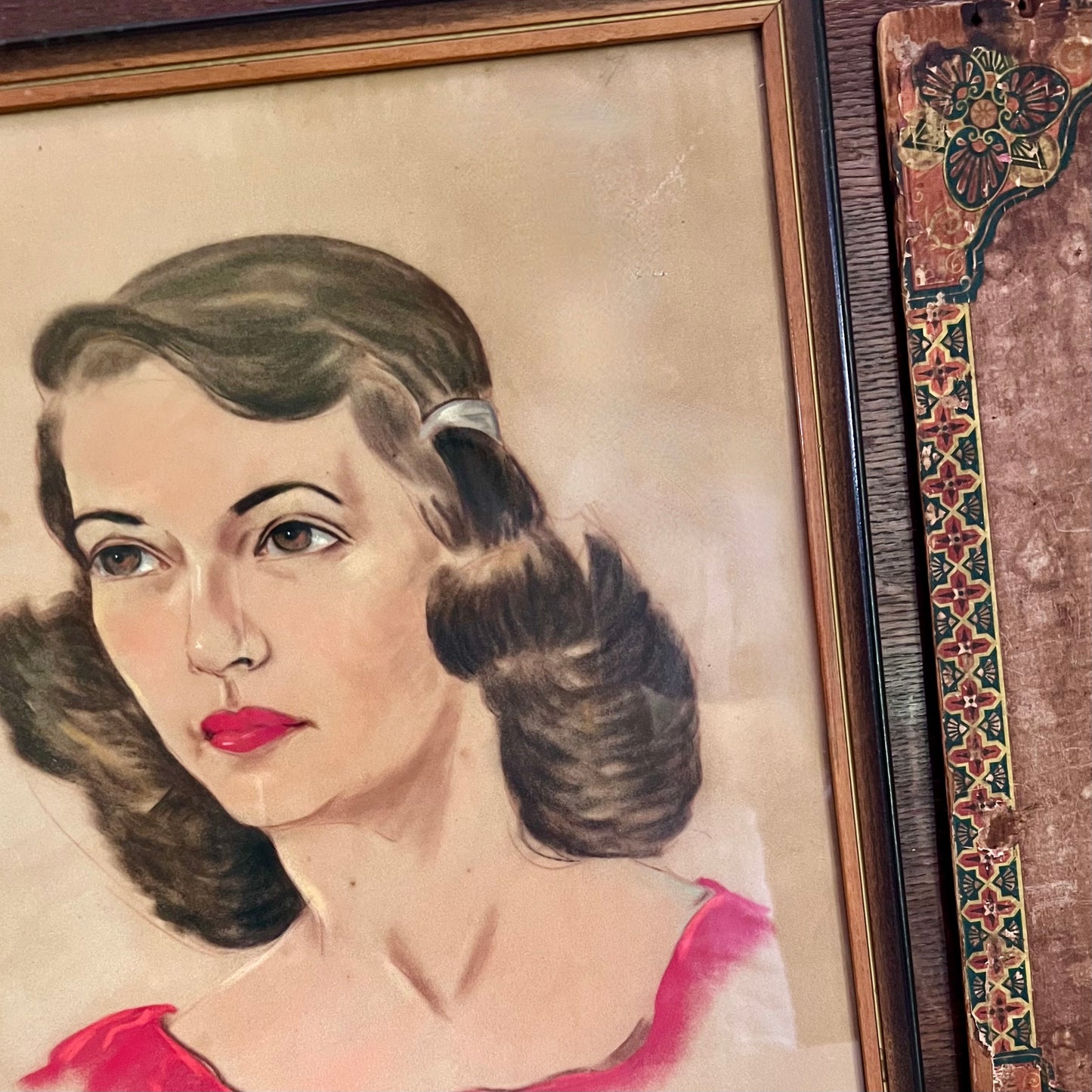 Mid Century Chalk Painting Portrait of Young Woman