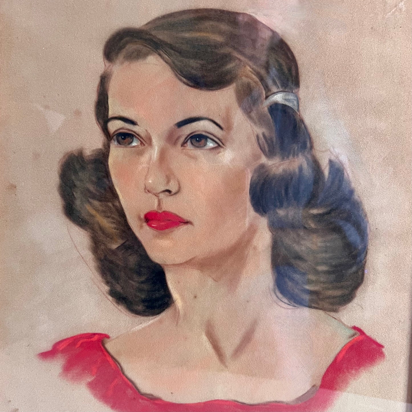 Mid Century Chalk Painting Portrait of Young Woman