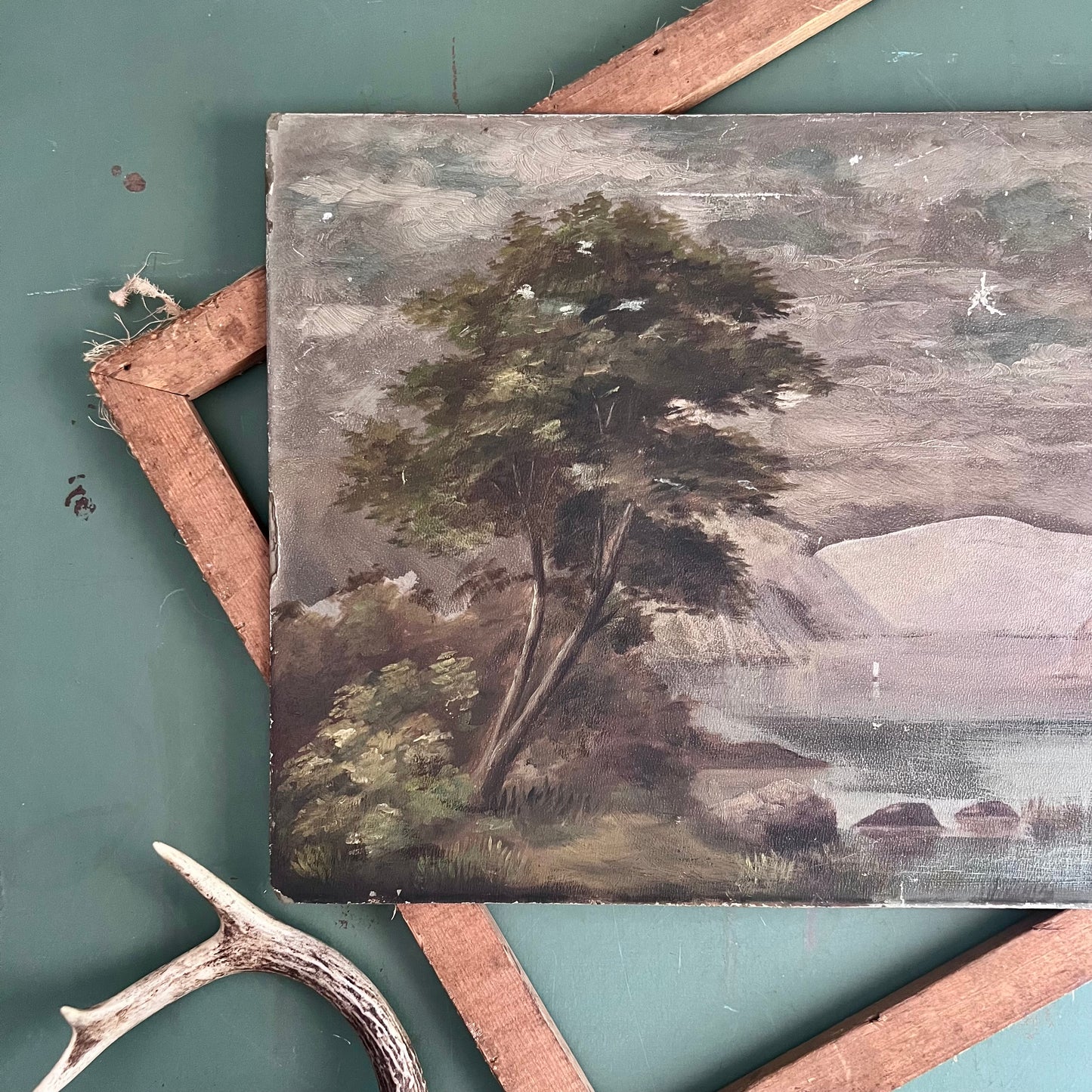 Early Antique Moody Oil Landscape Painting of Mountains and Lake Scene