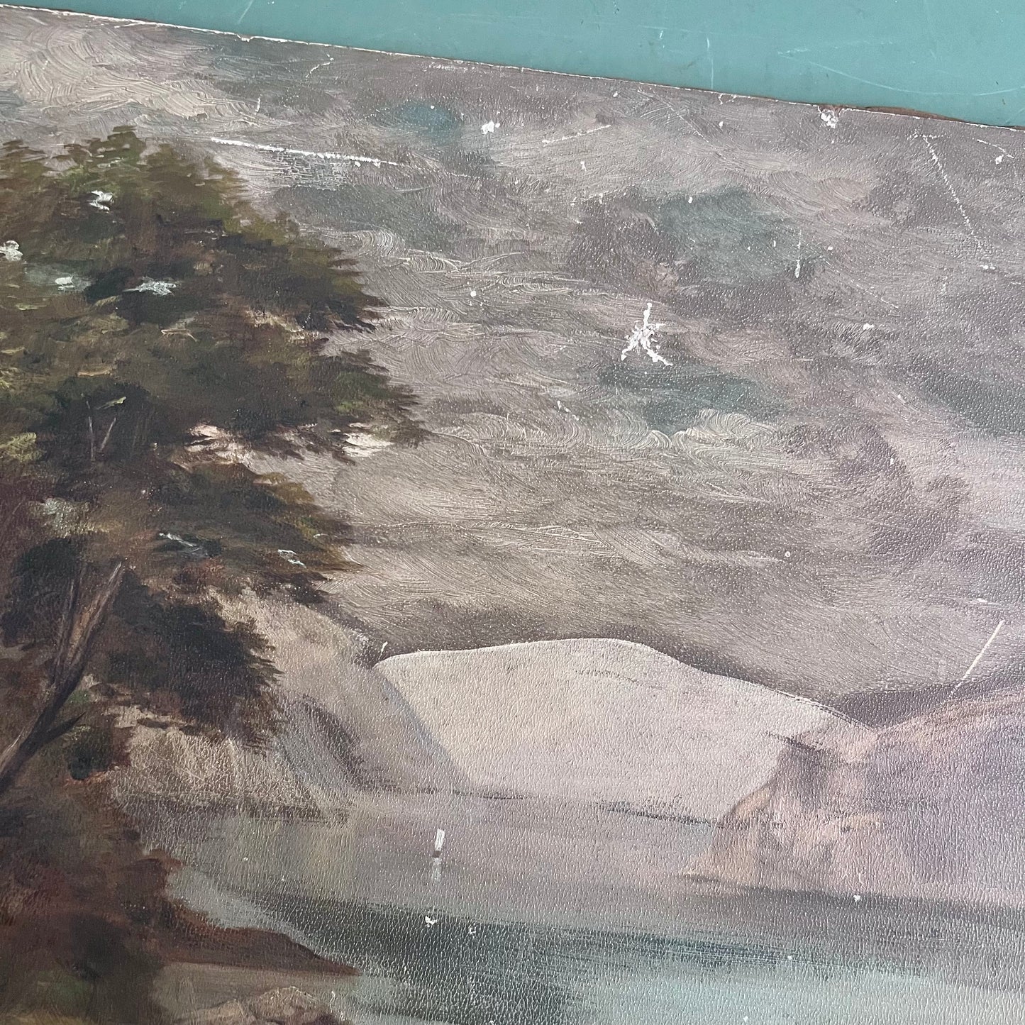 Early Antique Moody Oil Landscape Painting of Mountains and Lake Scene