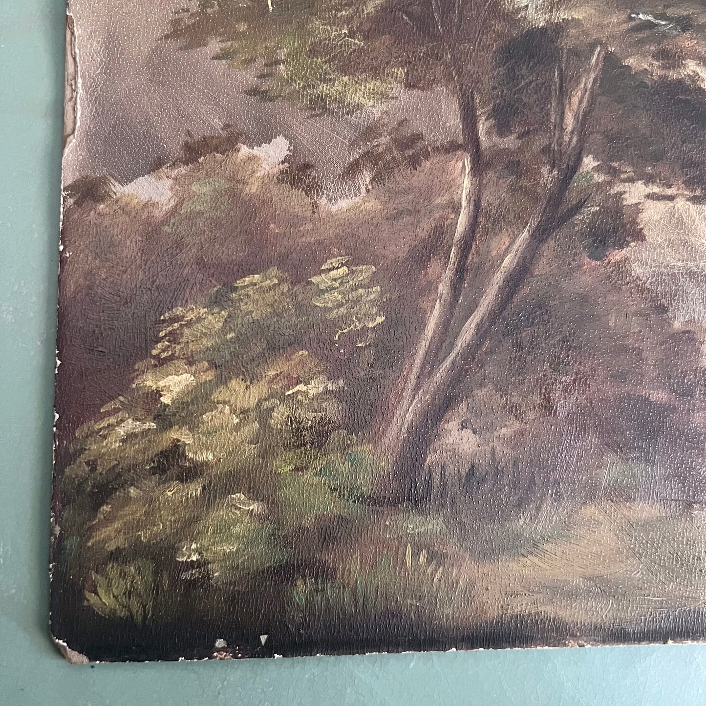 Early Antique Moody Oil Landscape Painting of Mountains and Lake Scene