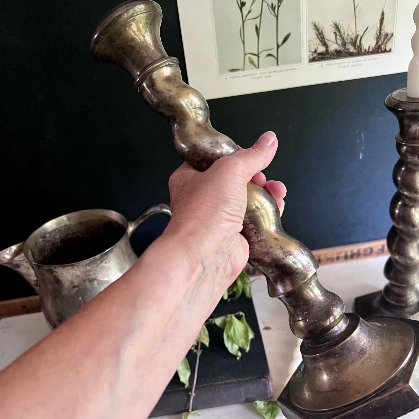 Arts and Crafts Silver Barley Twist Candlesticks and Sheridan Taunton Pitcher