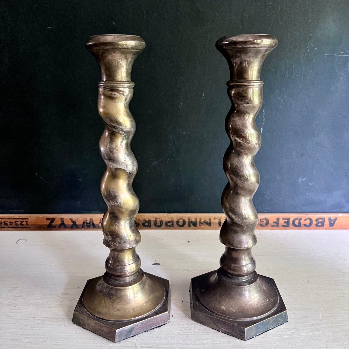 Arts and Crafts Silver Barley Twist Candlesticks and Sheridan Taunton Pitcher