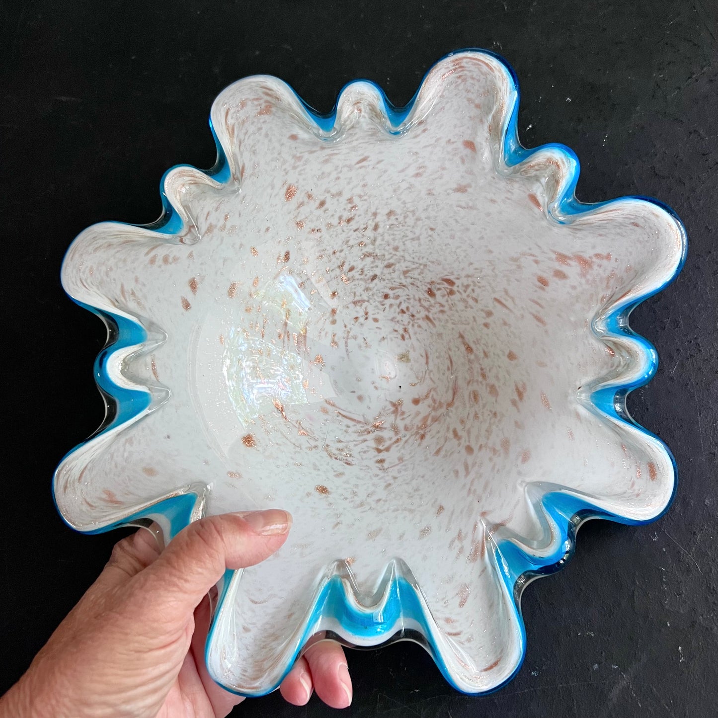 Vintage Murano Art Glass Bowl with Turquoise Edge and Gold Specks