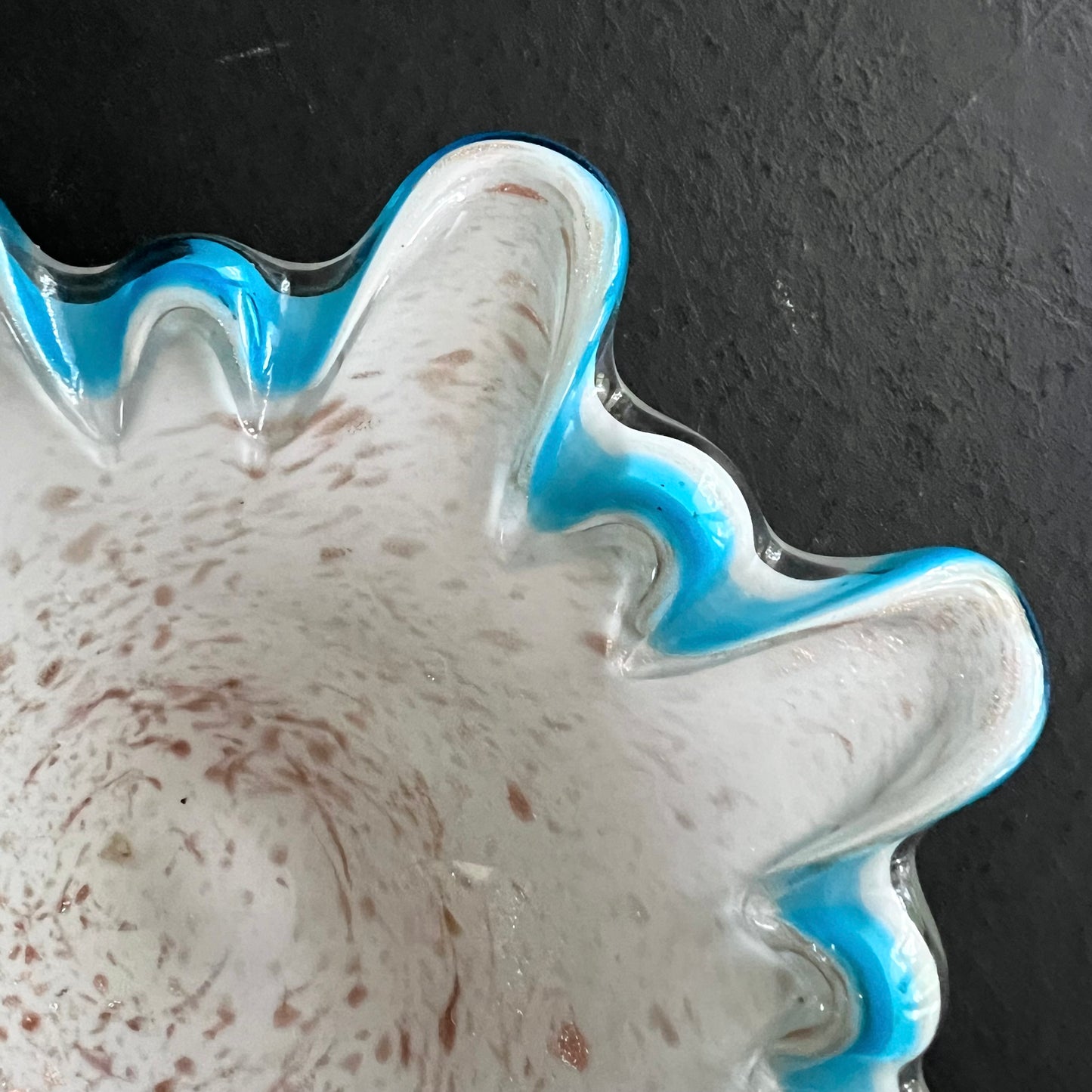 Vintage Murano Art Glass Bowl with Turquoise Edge and Gold Specks