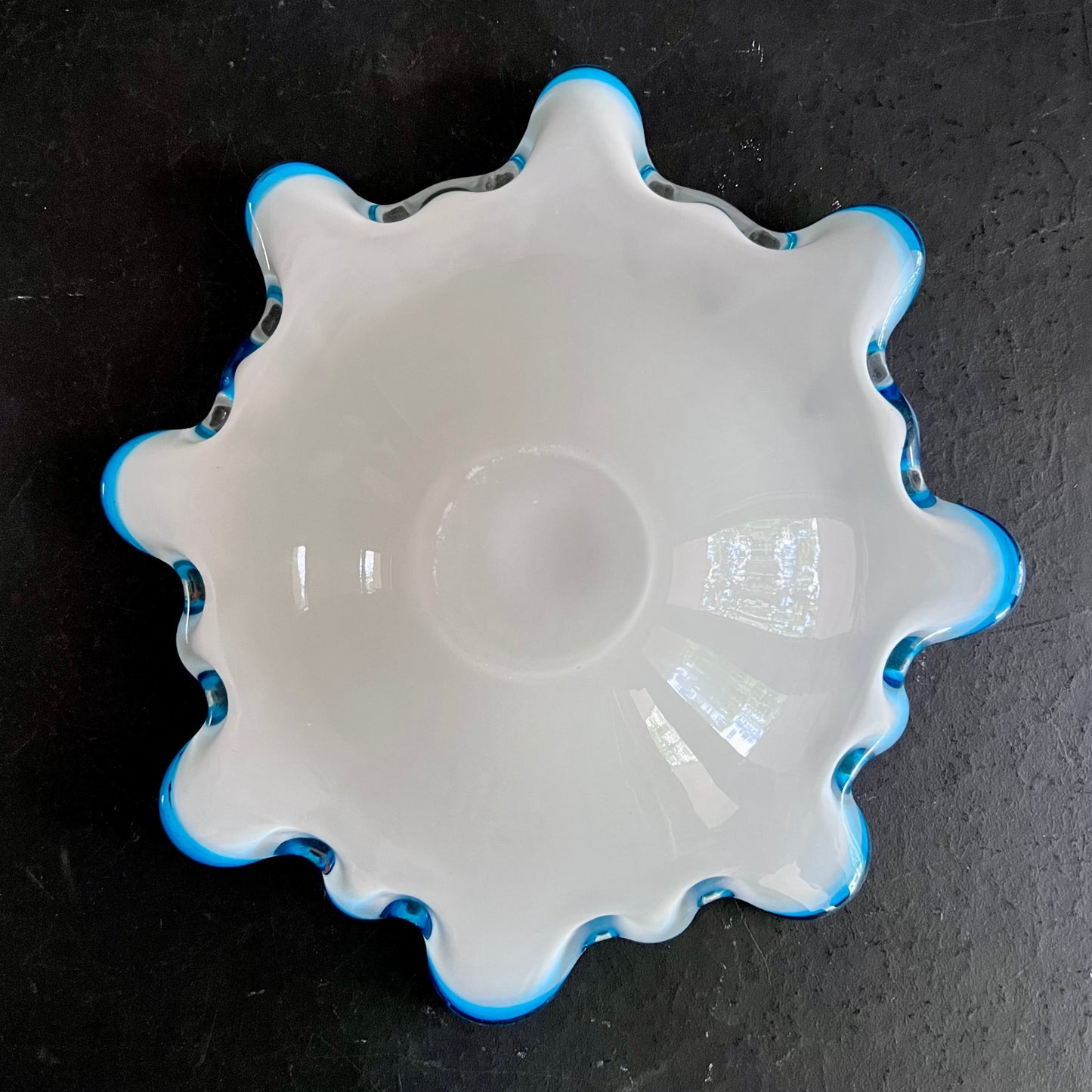 Vintage Murano Art Glass Bowl with Turquoise Edge and Gold Specks