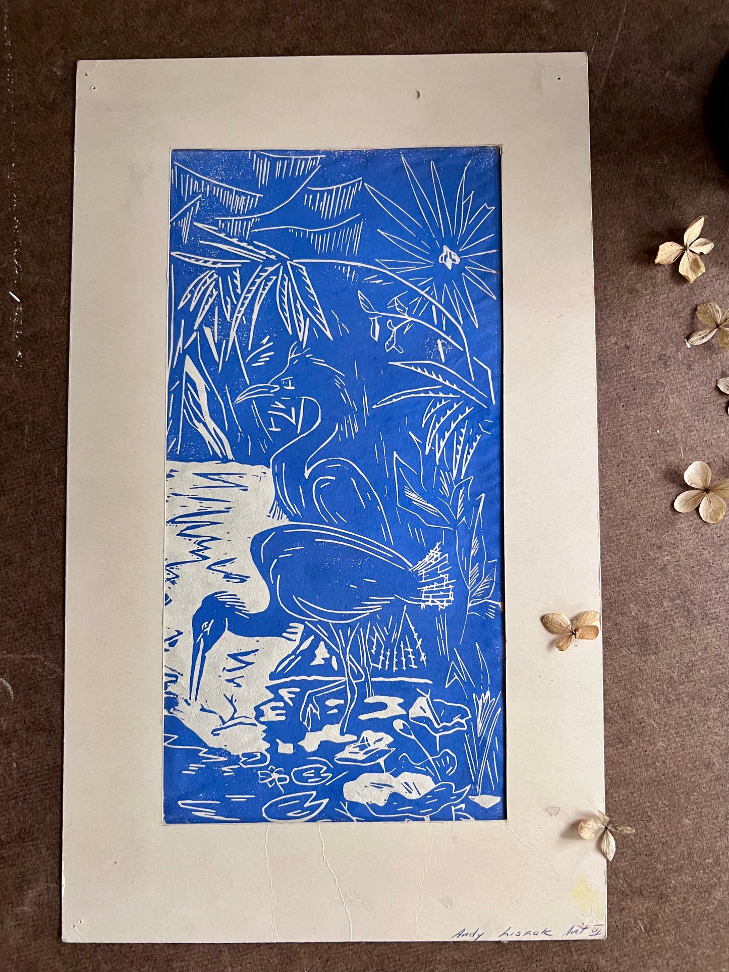 Heron Blue Mid Century Linoleum Block Print
