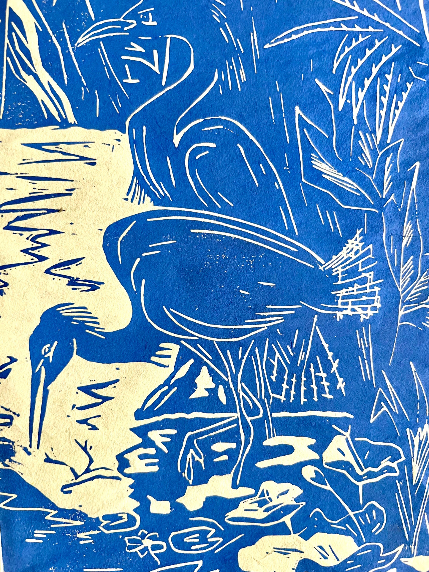 Heron Blue Mid Century Linoleum Block Print