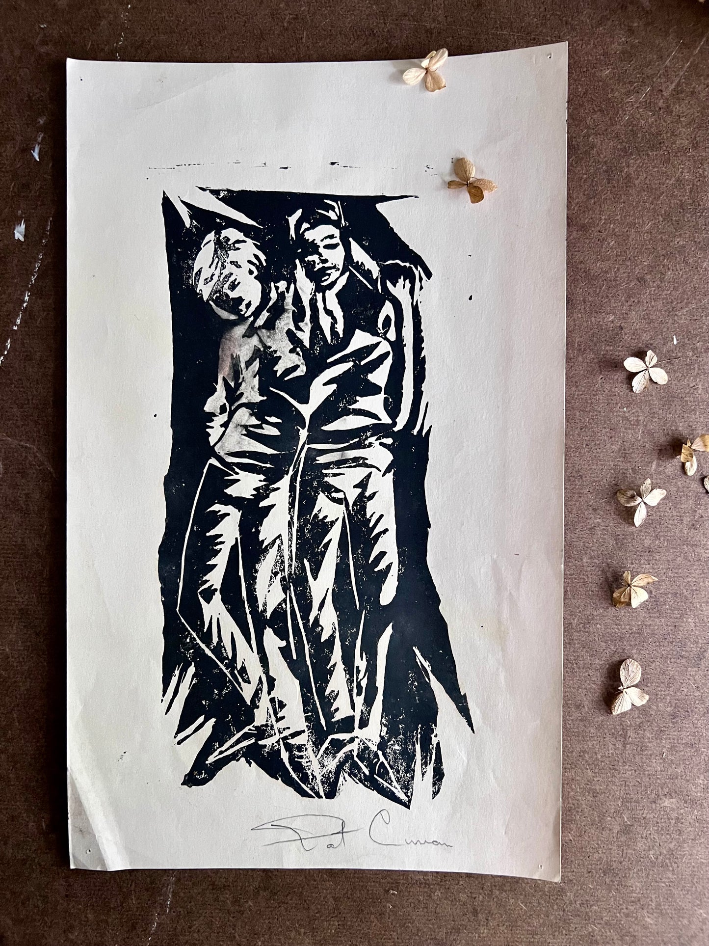 Mid Century Student Art Block Print of Two Boys Hanging Out