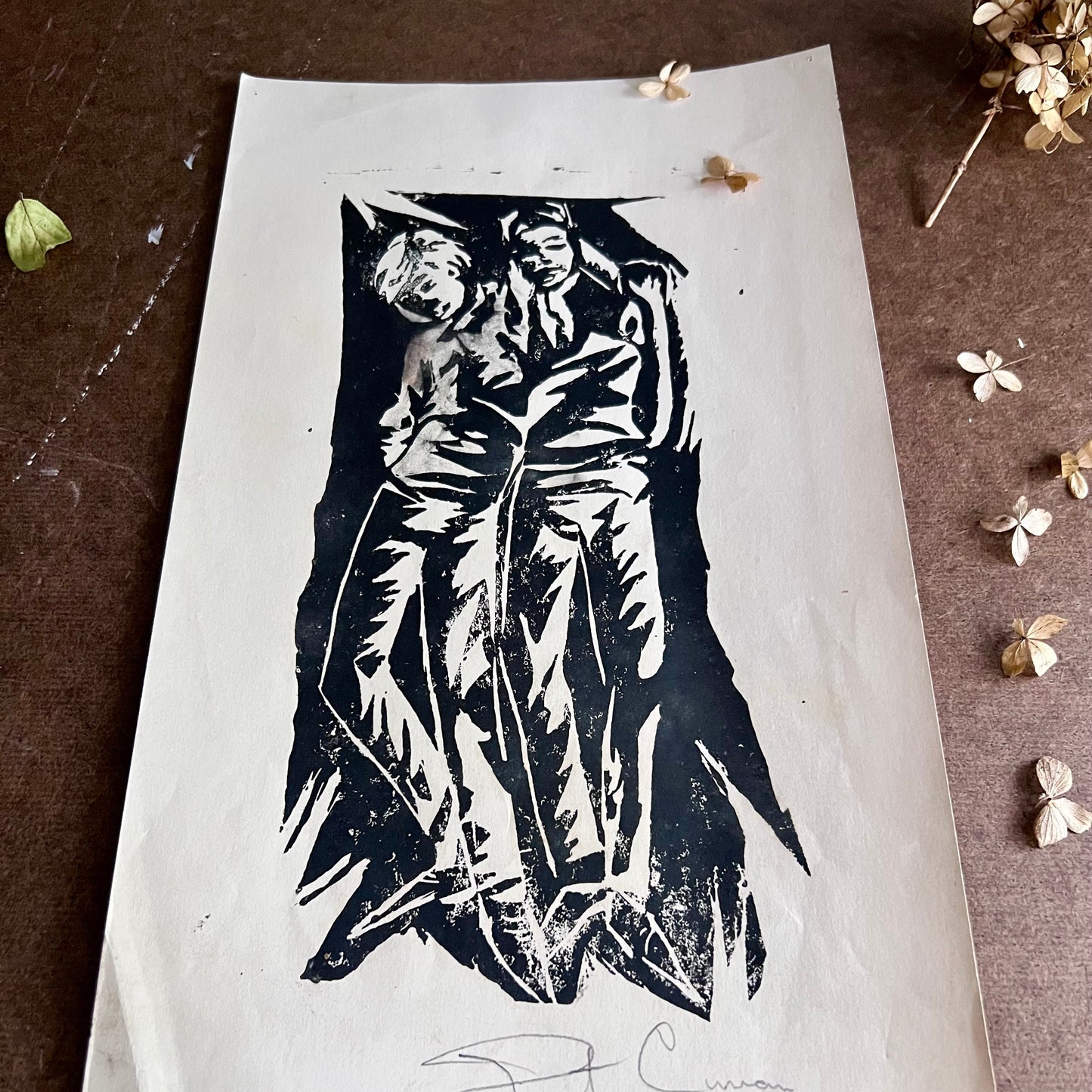 Mid Century Student Art Block Print of Two Boys Hanging Out