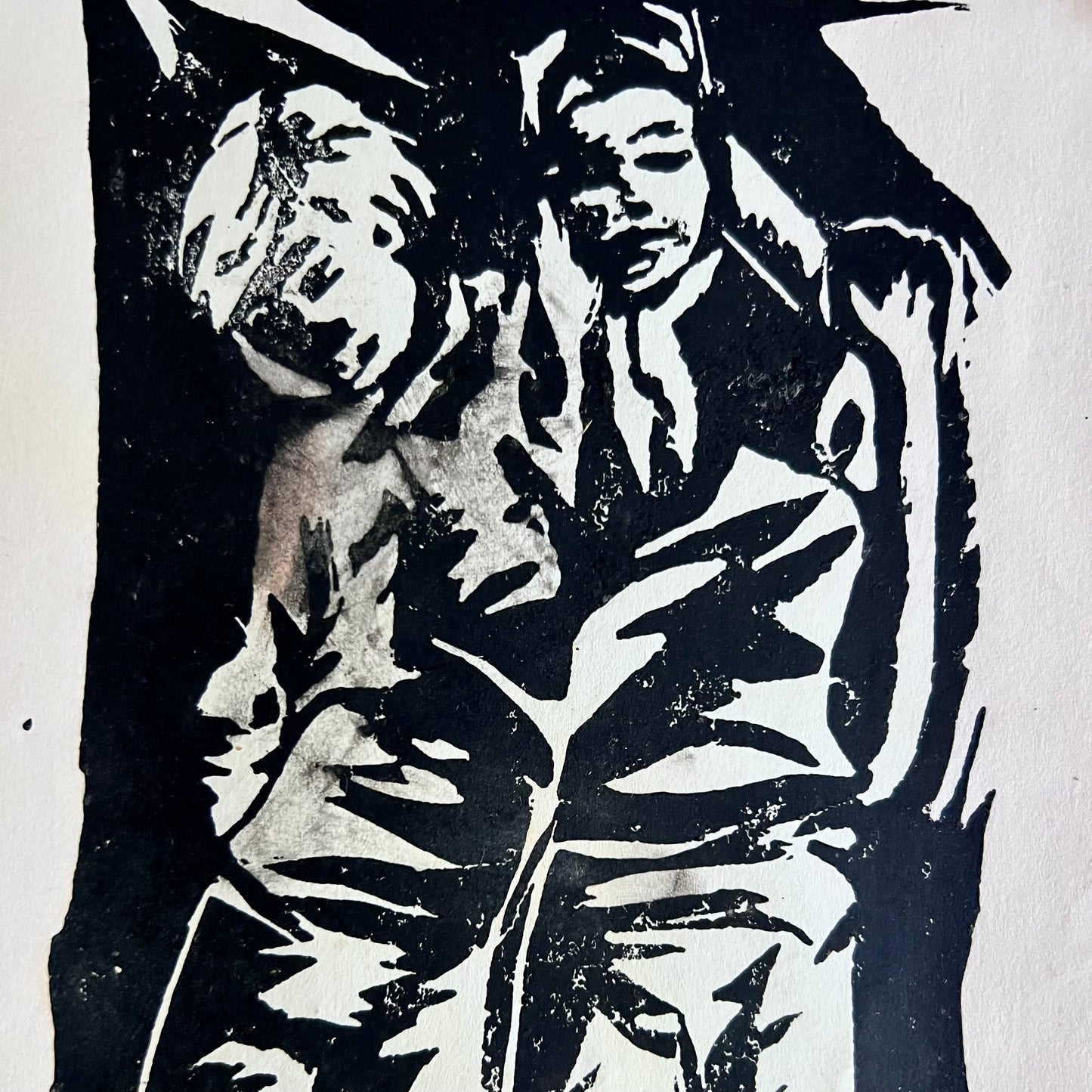 Mid Century Student Art Block Print of Two Boys Hanging Out