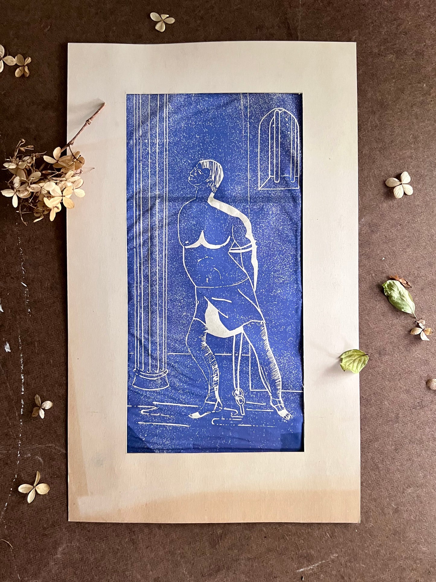 Mid Century Student Linoleum Block Art Print 'The Slave'