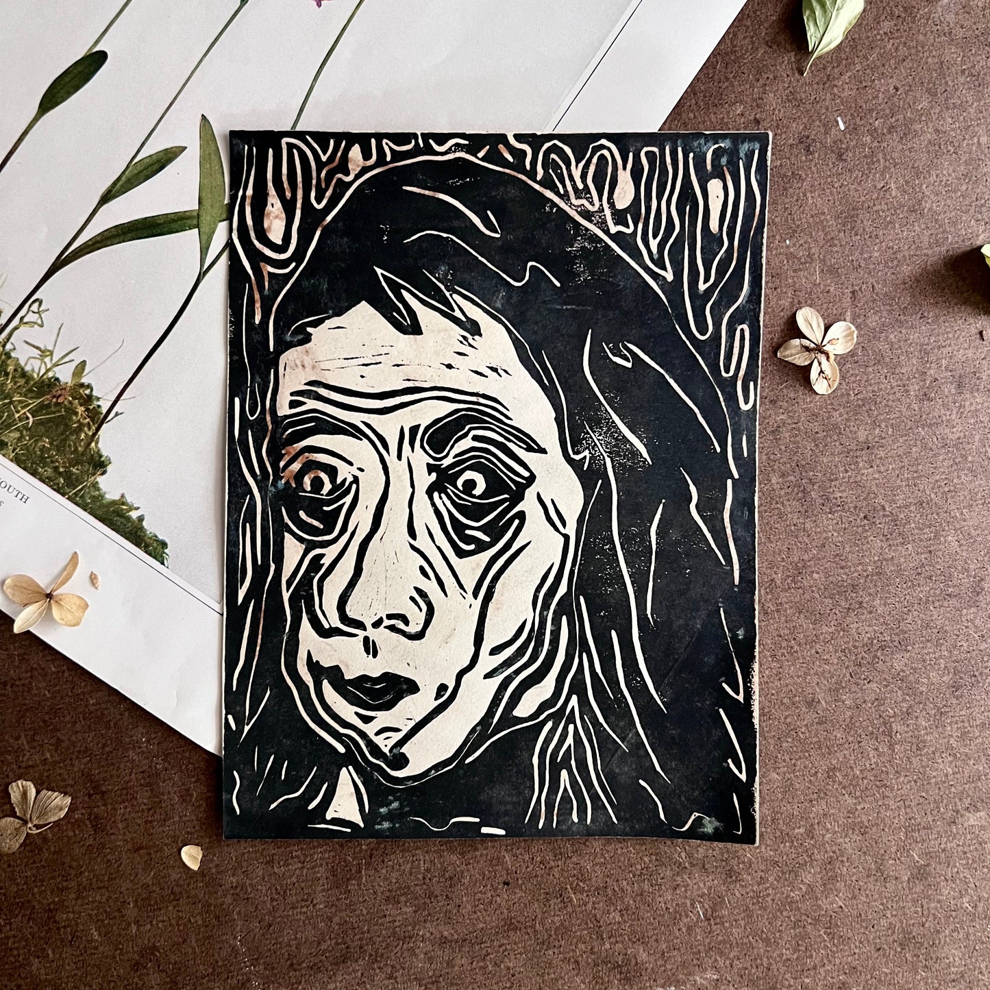 Mid Century Student Art Creepy Cool Block Print