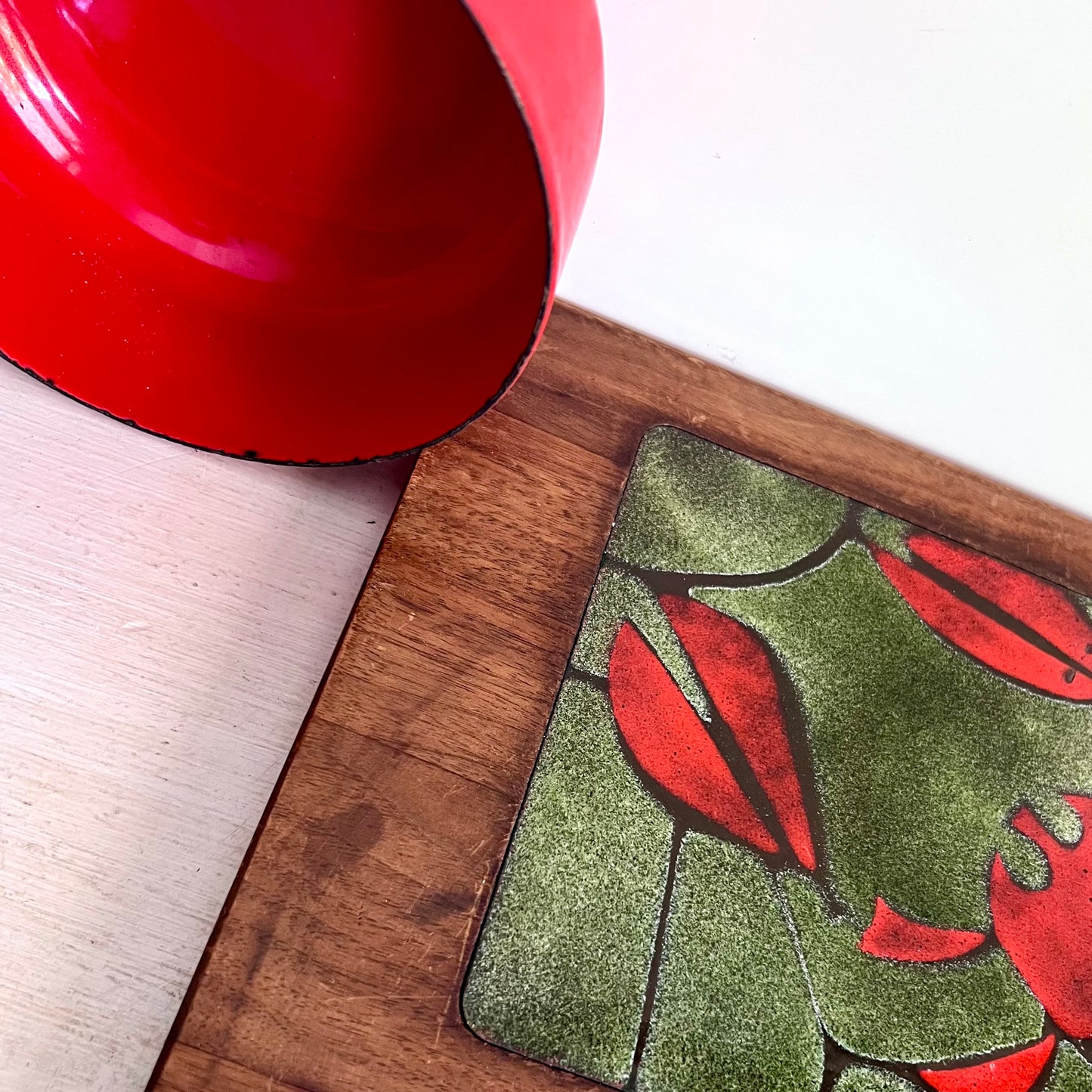 MCM Lobster Tile Teak Serving Tray and Red Enamel Bowl