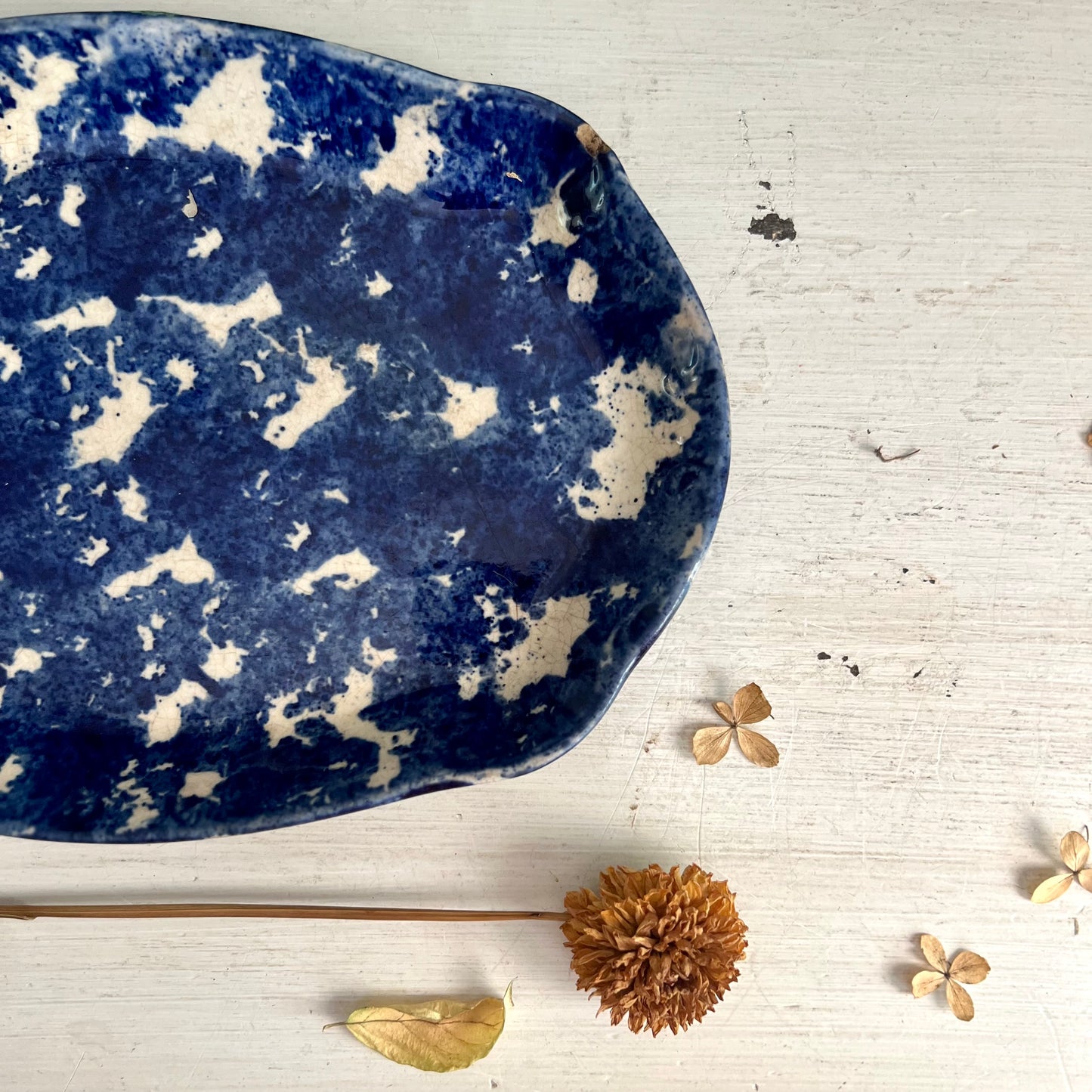 Early Antique Cobalt Blue and White Spongeware Platter