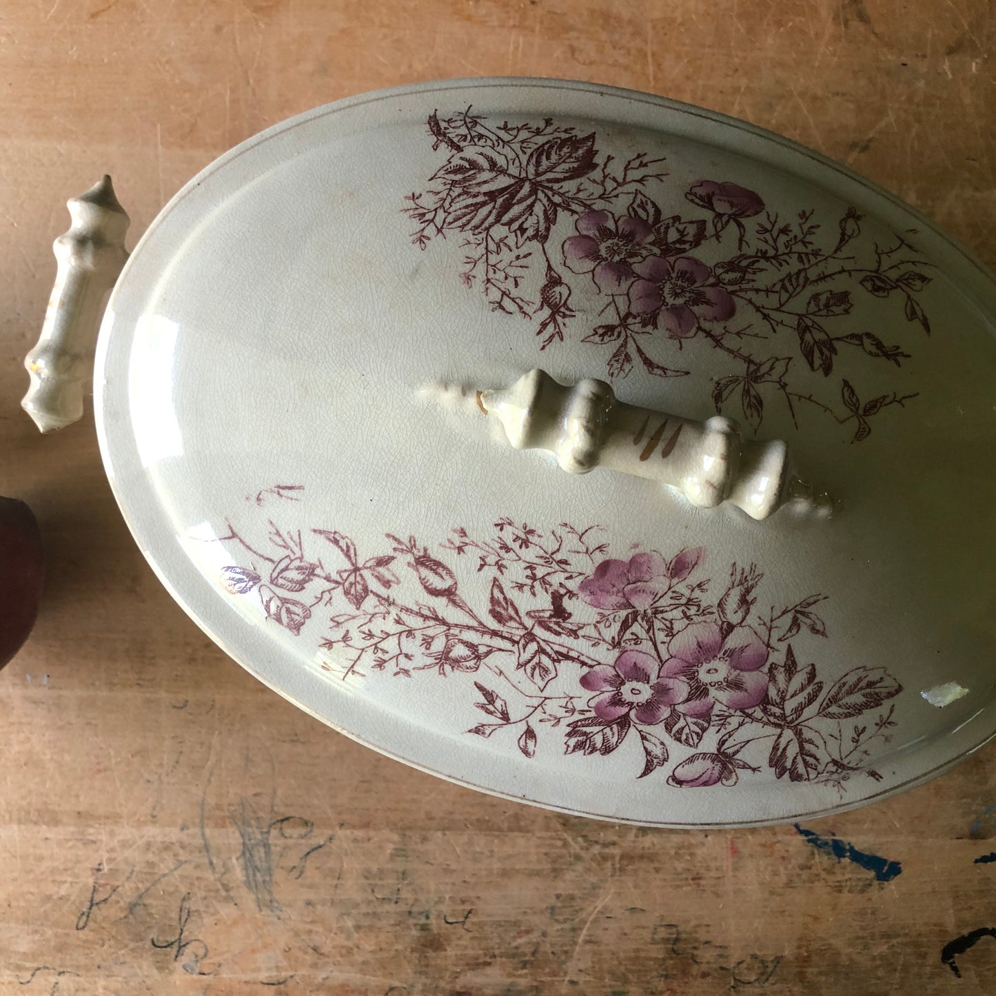 Red Transferware Ironstone Vegetable Dish (1880s)